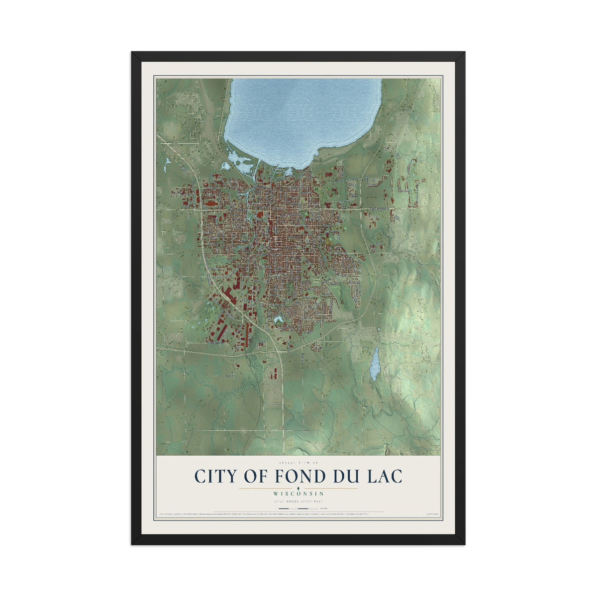 Map of Fond du Lac, Wisconsin, 12 x 18 inch print in a black wood frame