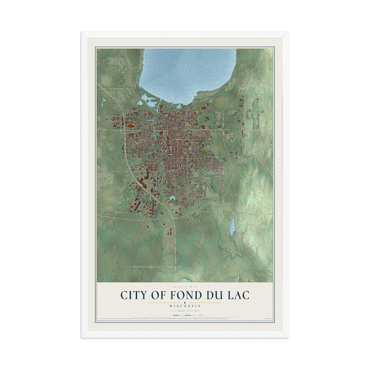 Map of Fond du Lac, Wisconsin, 12 x 18 inch print in a white wood frame