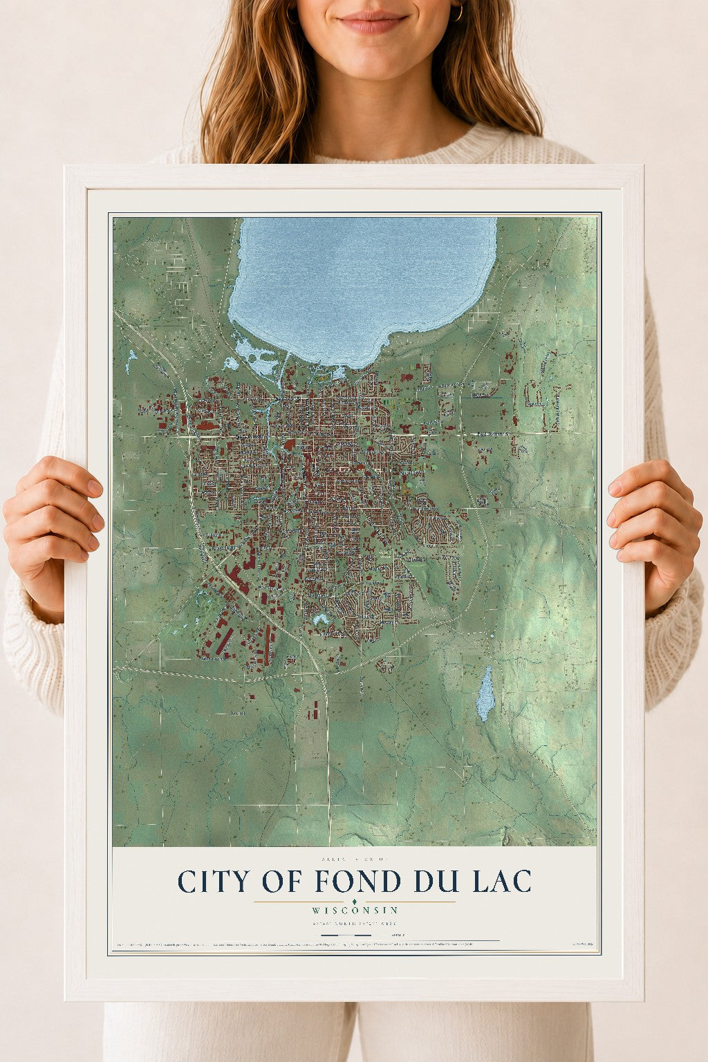 Map of Fond du Lac, Wisconsin, 18 x 24 inch print in a white wood frame