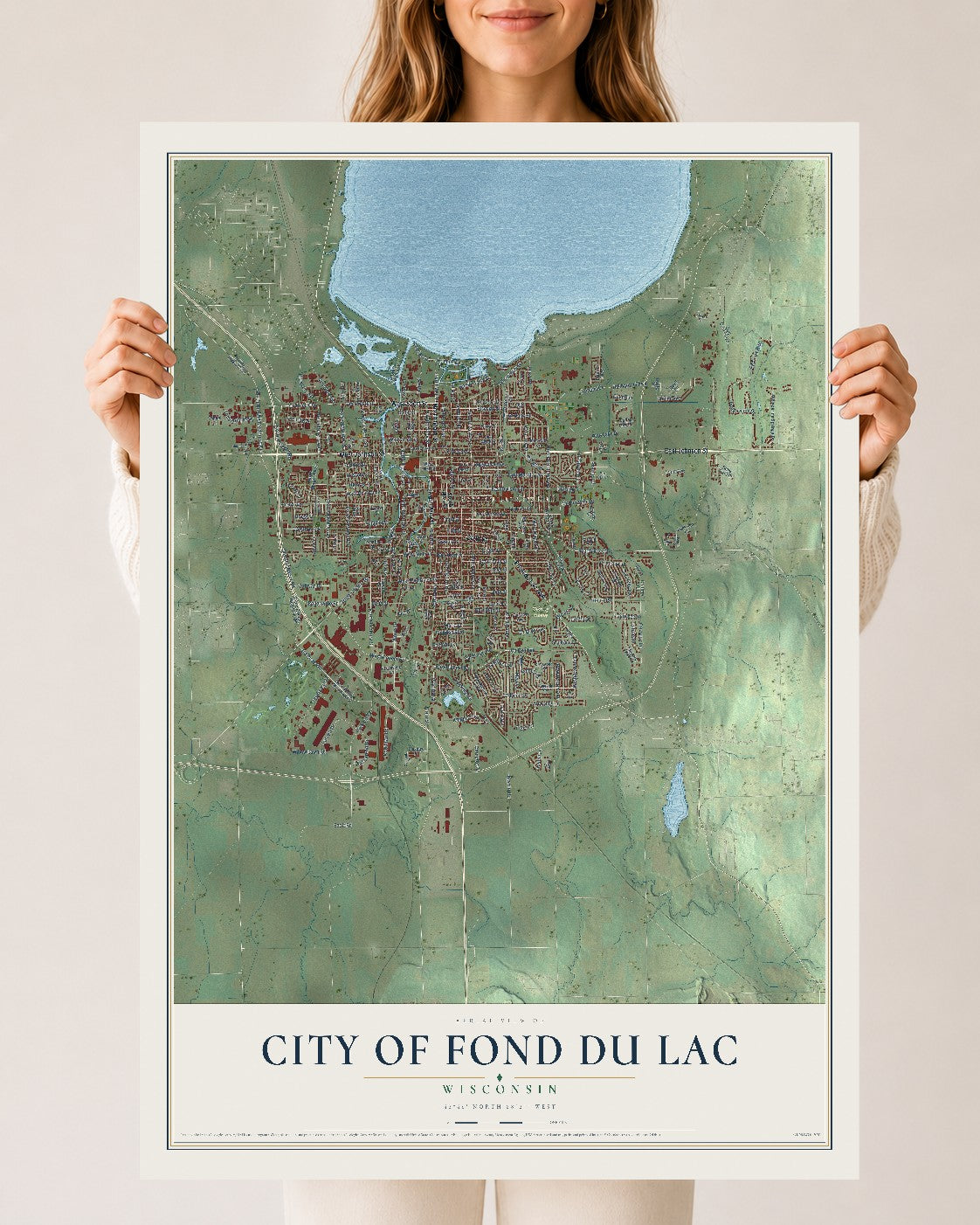 Map of Fond du Lac, Wisconsin, 24 x 36 inch unframed archival matte print