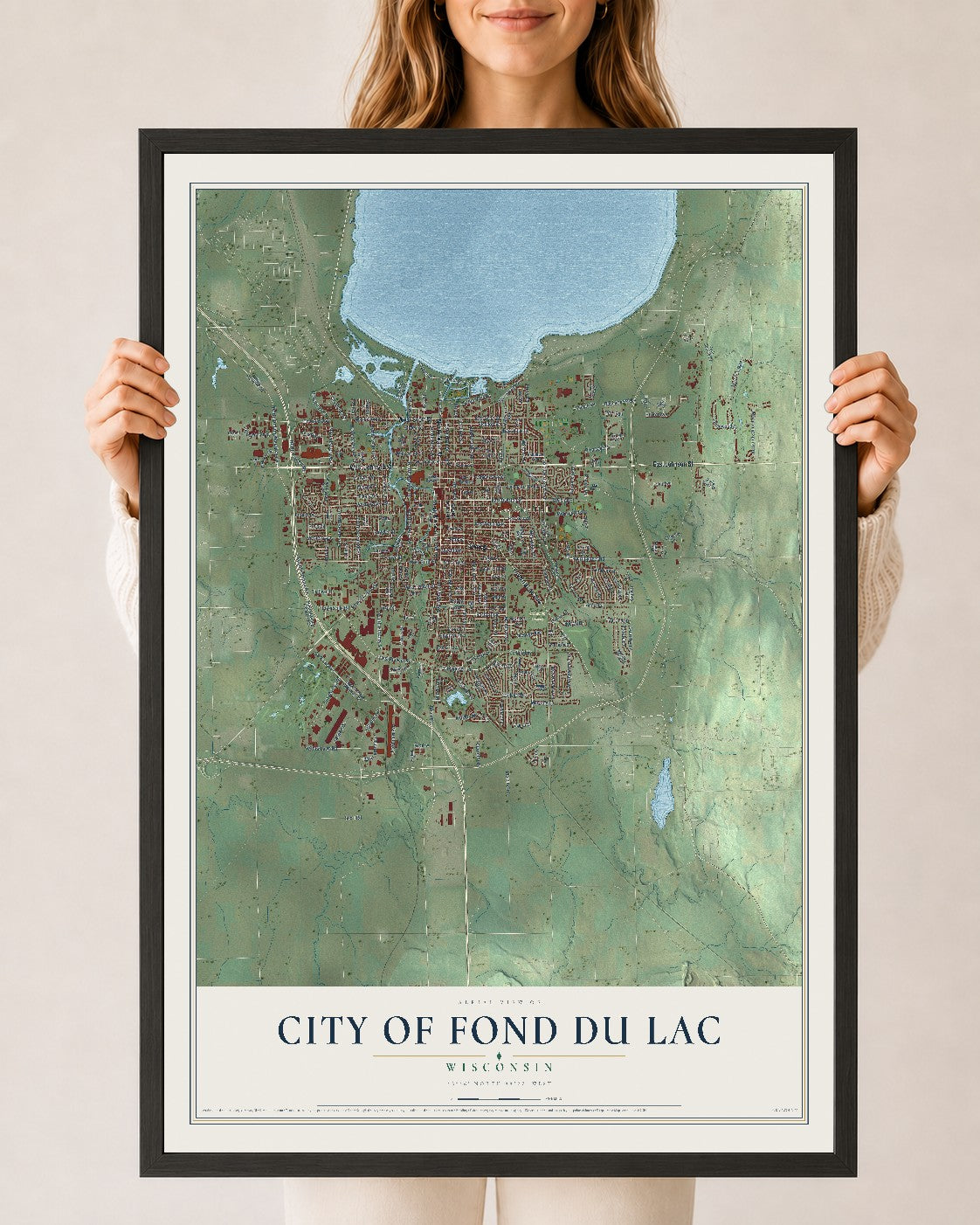 Map of Fond du Lac, Wisconsin, 24 x 36 inch print in a black wood frame