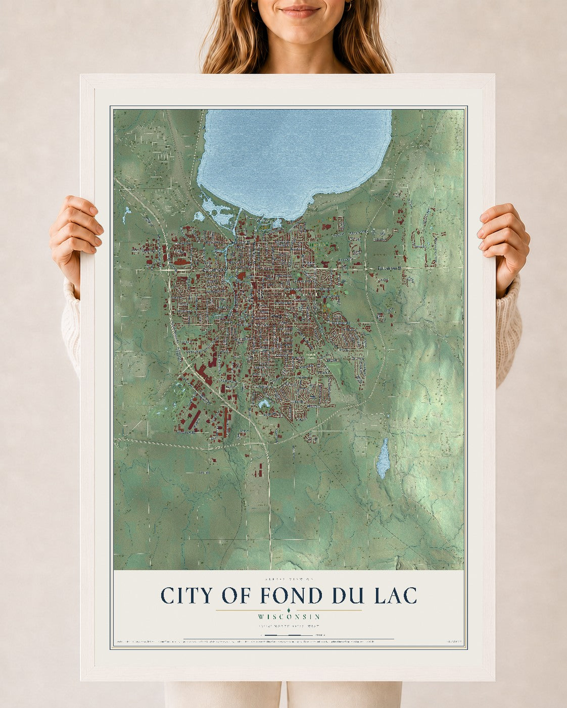 Map of Fond du Lac, Wisconsin, 24 x 36 inch print in a white wood frame
