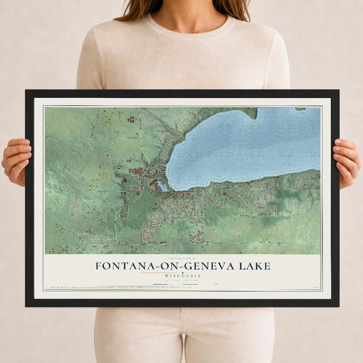 Map of Fontana-on-Geneva Lake, Wisconsin, 12 x 18 inch print in a black wood frame