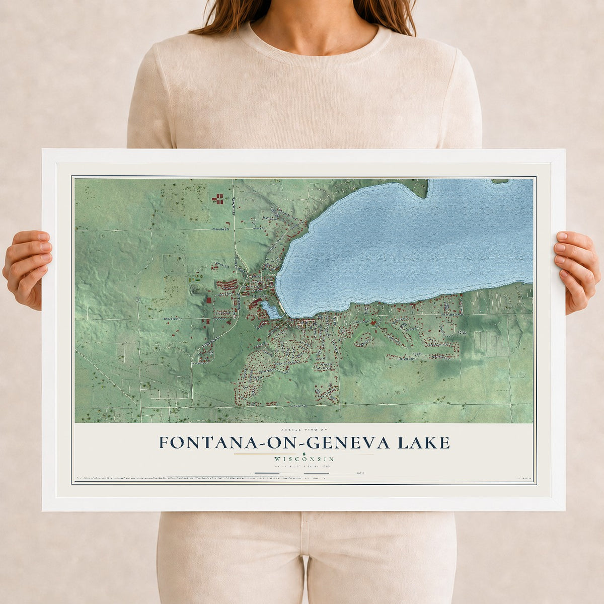 Map of Fontana-on-Geneva Lake, Wisconsin, 12 x 18 inch print in a white wood frame