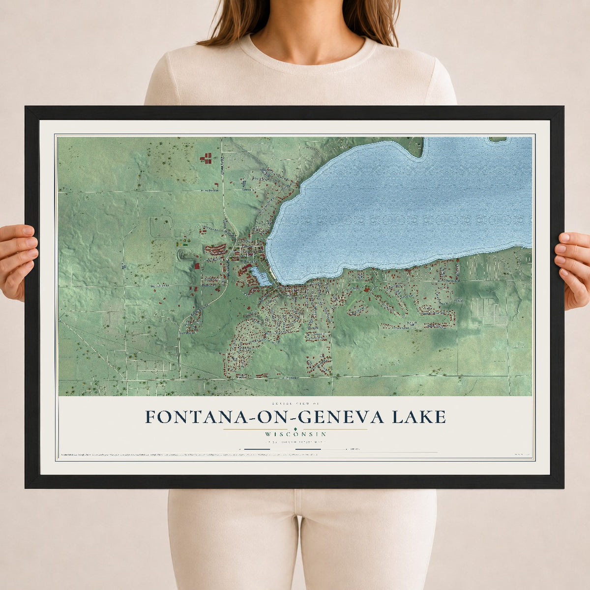 Map of Fontana-on-Geneva Lake, Wisconsin, 18 x 24 inch print in a black wood frame