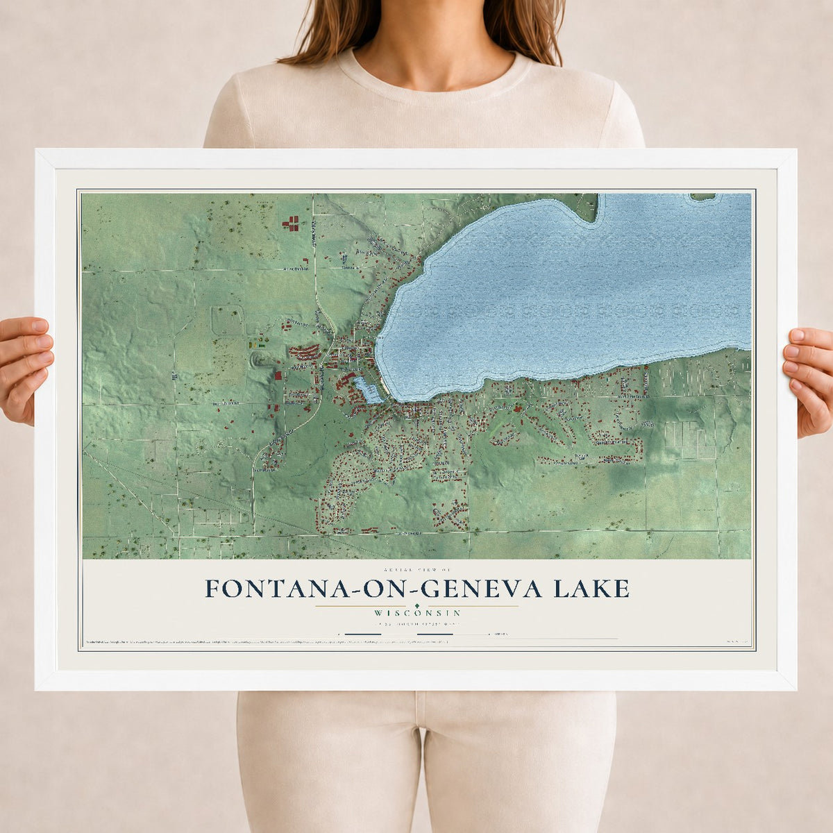Map of Fontana-on-Geneva Lake, Wisconsin, 18 x 24 inch print in a white wood frame