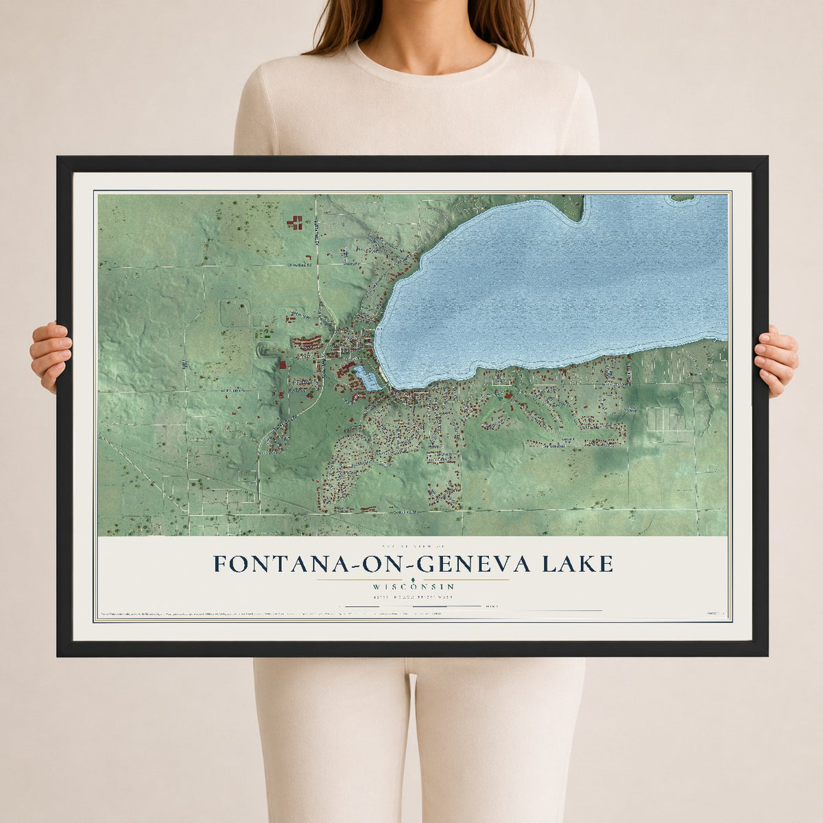 Map of Fontana-on-Geneva Lake, Wisconsin, 24 x 36 inch print in a black wood frame