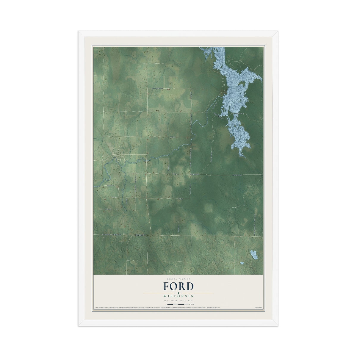 Map of Ford, Wisconsin, 12 x 18 inch print in a white wood frame