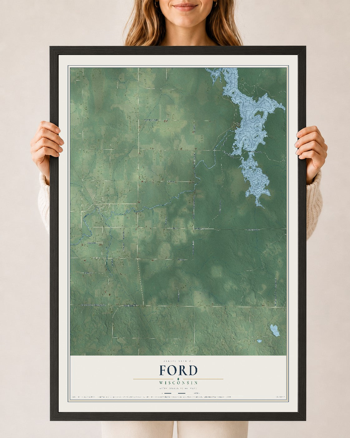 Map of Ford, Wisconsin, 24 x 36 inch print in a black wood frame