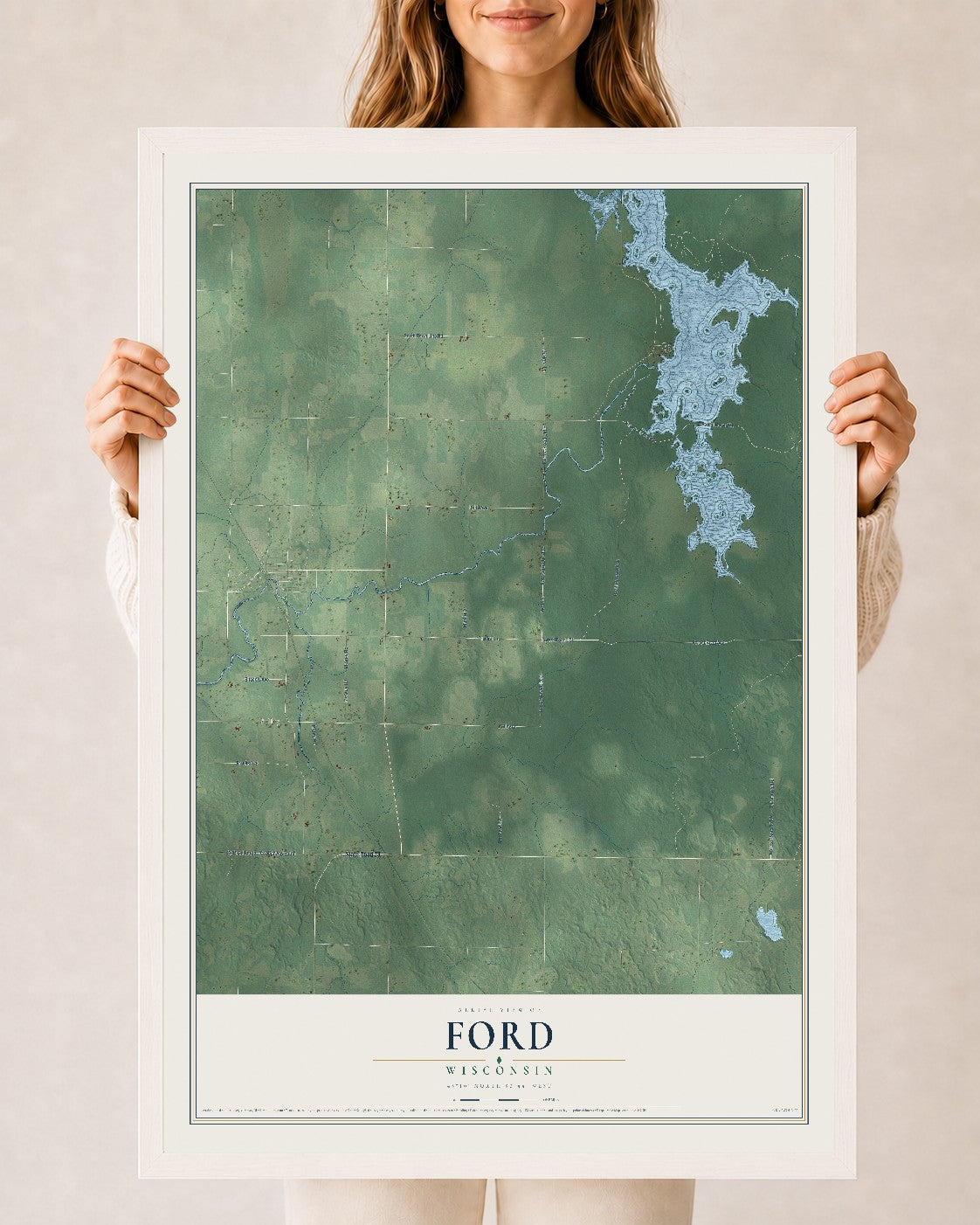 Map of Ford, Wisconsin, 24 x 36 inch print in a white wood frame