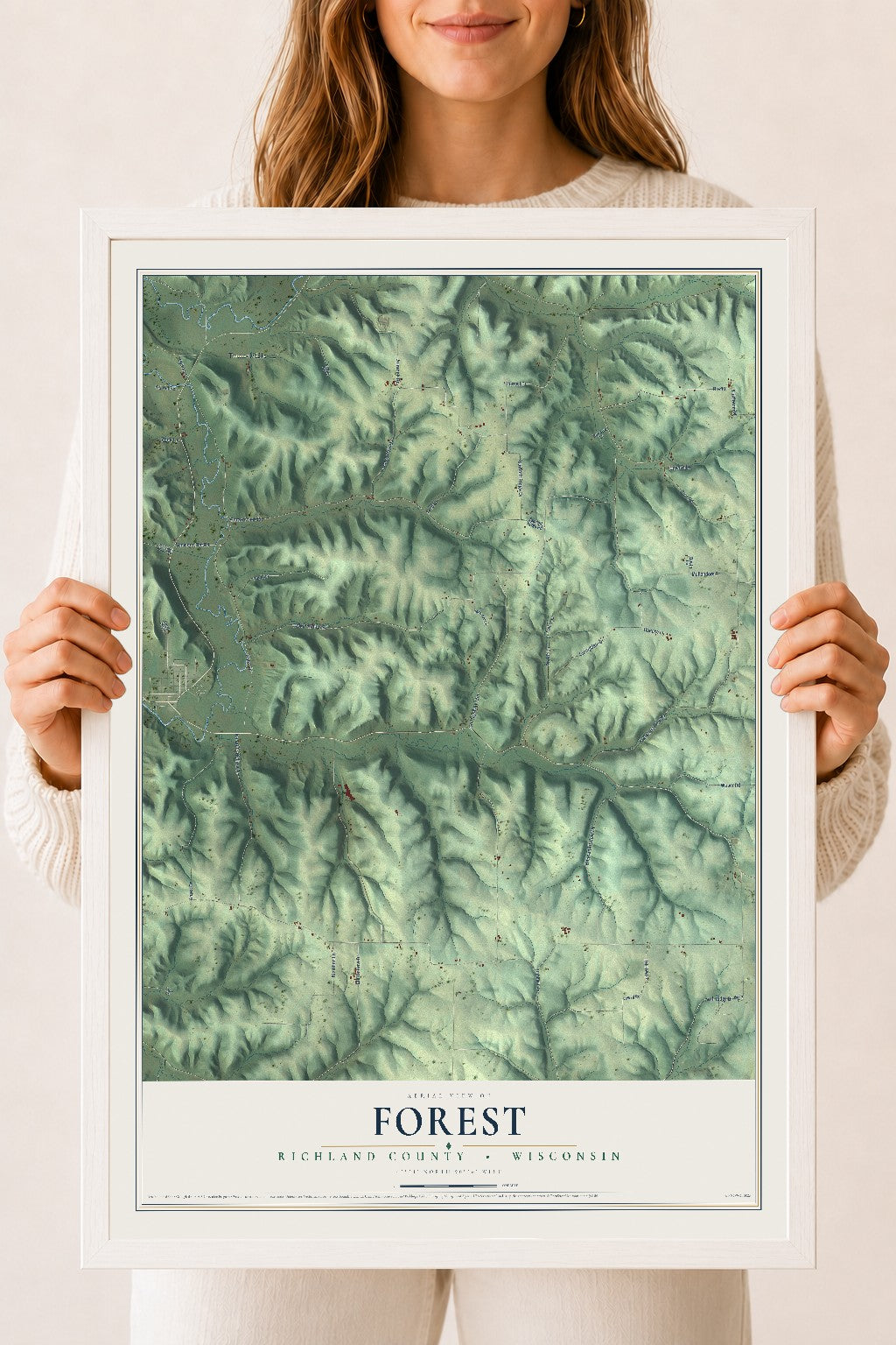 Map of Forest, Richland County, Wisconsin, 18 x 24 inch print in a white wood frame