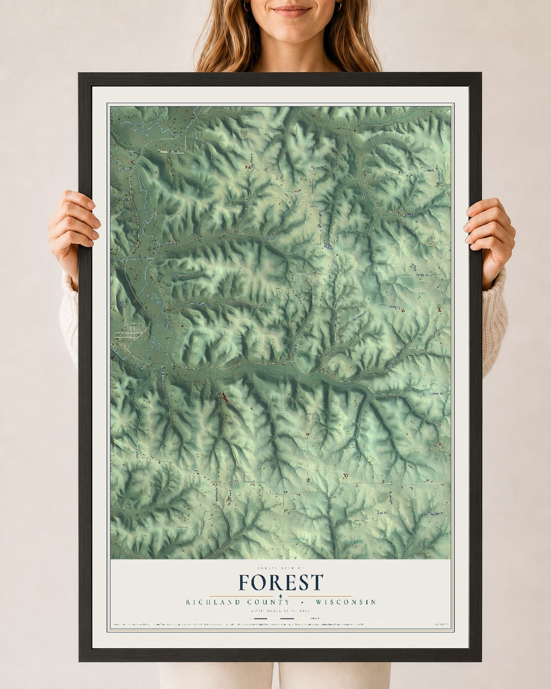 Map of Forest, Richland County, Wisconsin, 24 x 36 inch print in a black wood frame