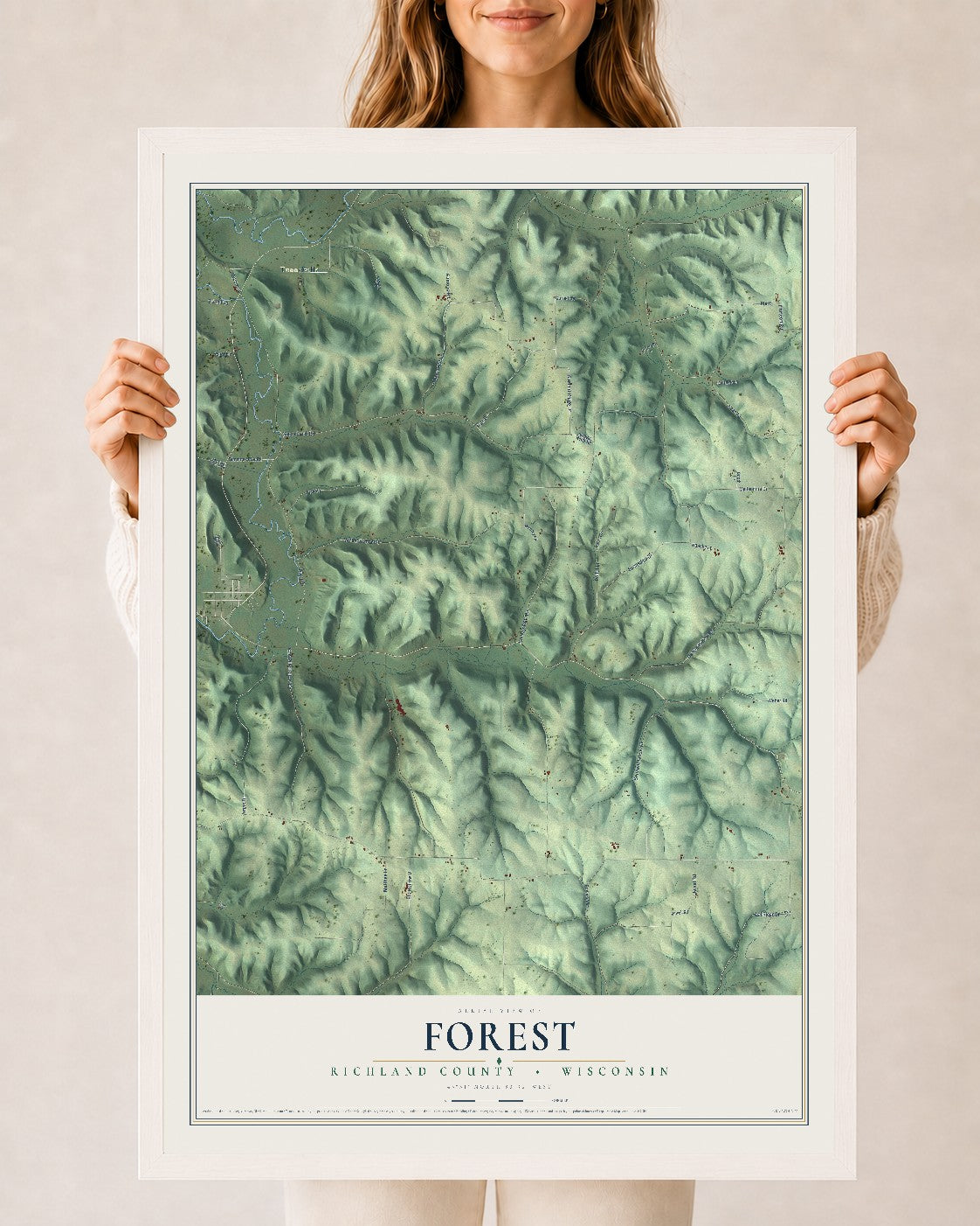 Map of Forest, Richland County, Wisconsin, 24 x 36 inch print in a white wood frame