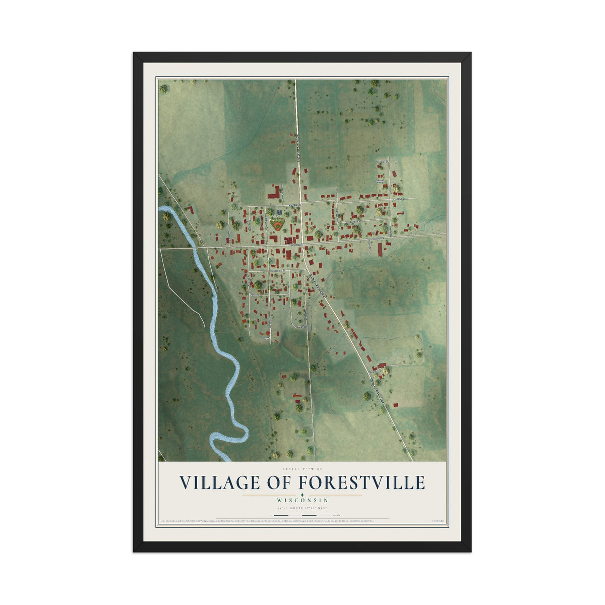 Map of Forestville, Wisconsin, 12 x 18 inch print in a black wood frame