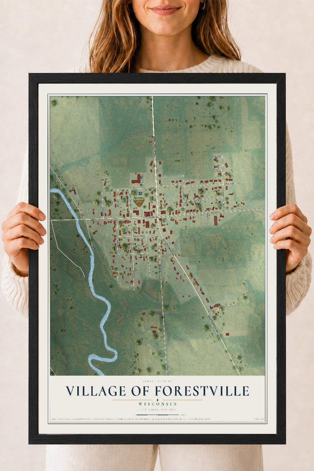 Map of Forestville, Wisconsin, 18 x 24 inch print in a black wood frame