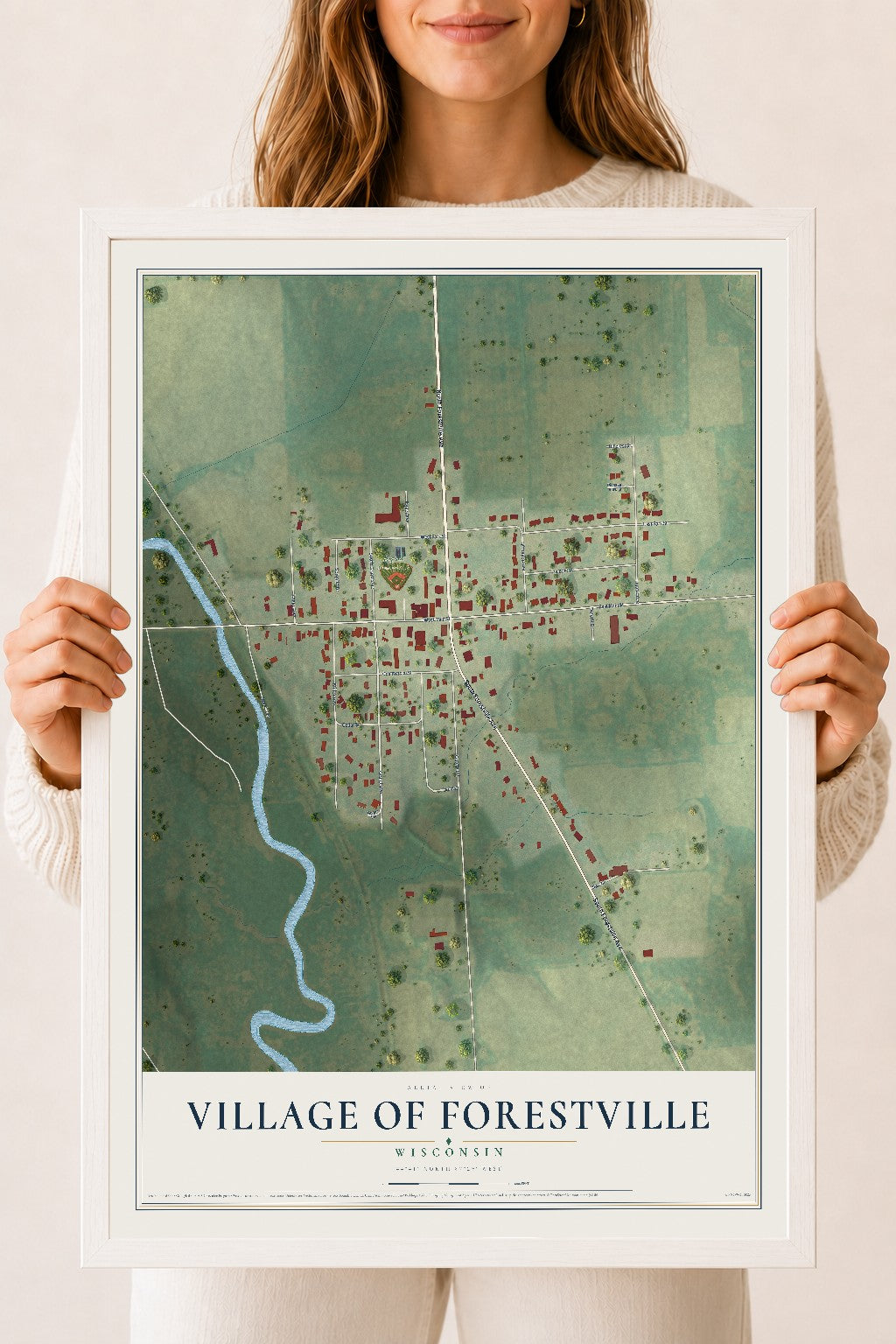 Map of Forestville, Wisconsin, 18 x 24 inch print in a white wood frame