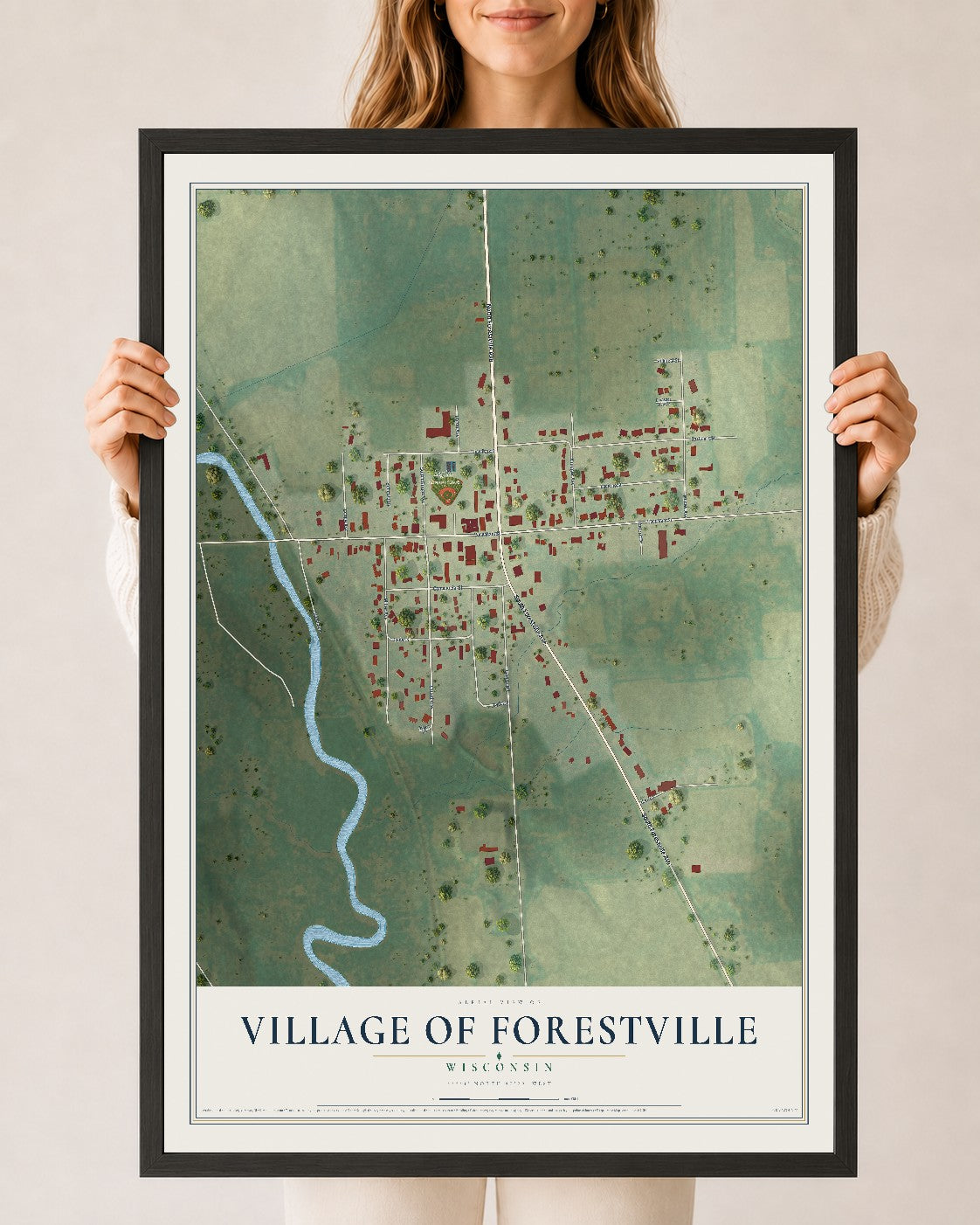 Map of Forestville, Wisconsin, 24 x 36 inch print in a black wood frame