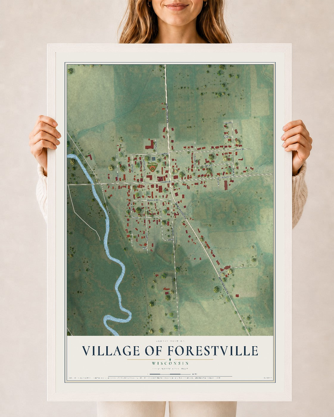 Map of Forestville, Wisconsin, 24 x 36 inch print in a white wood frame