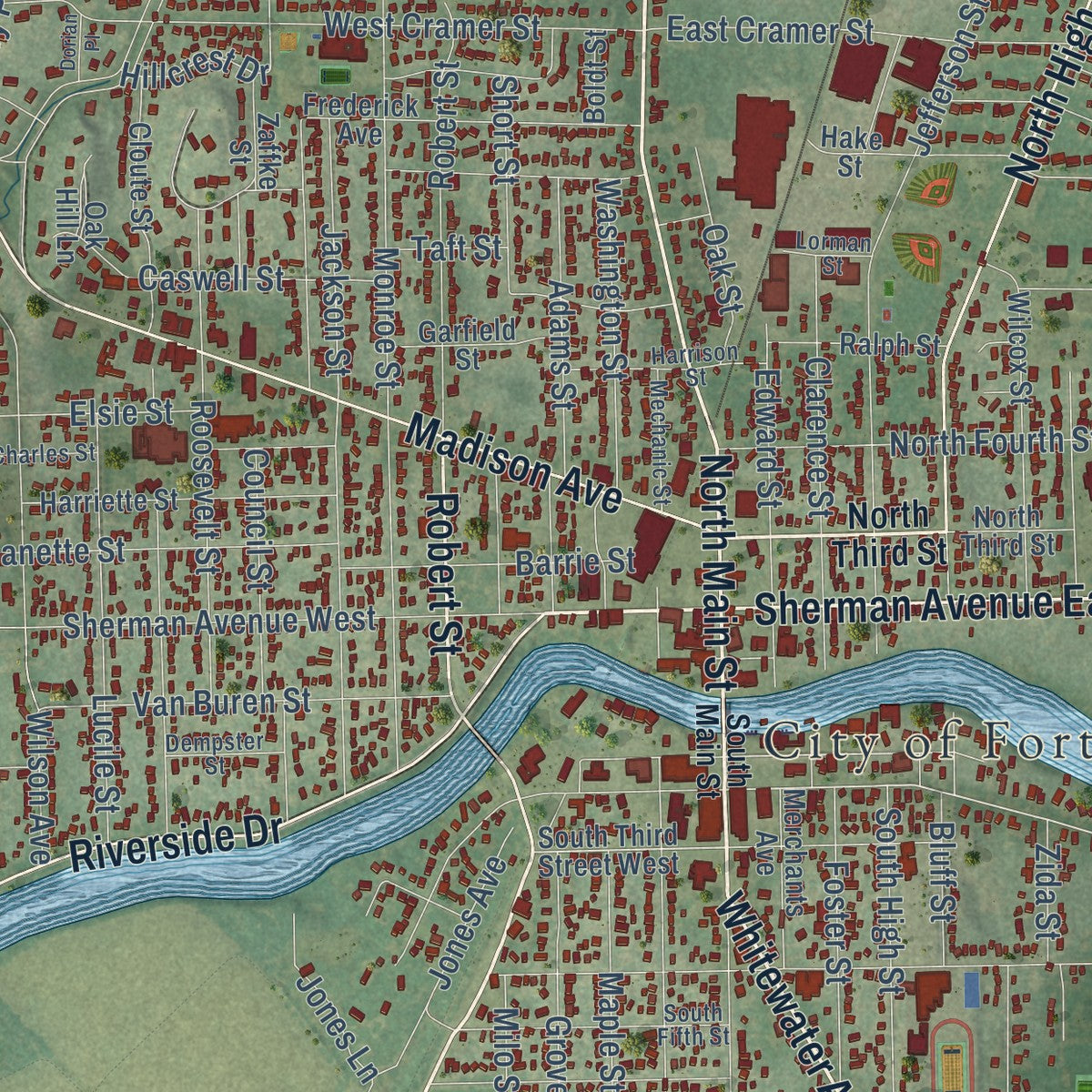 Close-up of the map of Fort Atkinson, Wisconsin print showing street and building detail