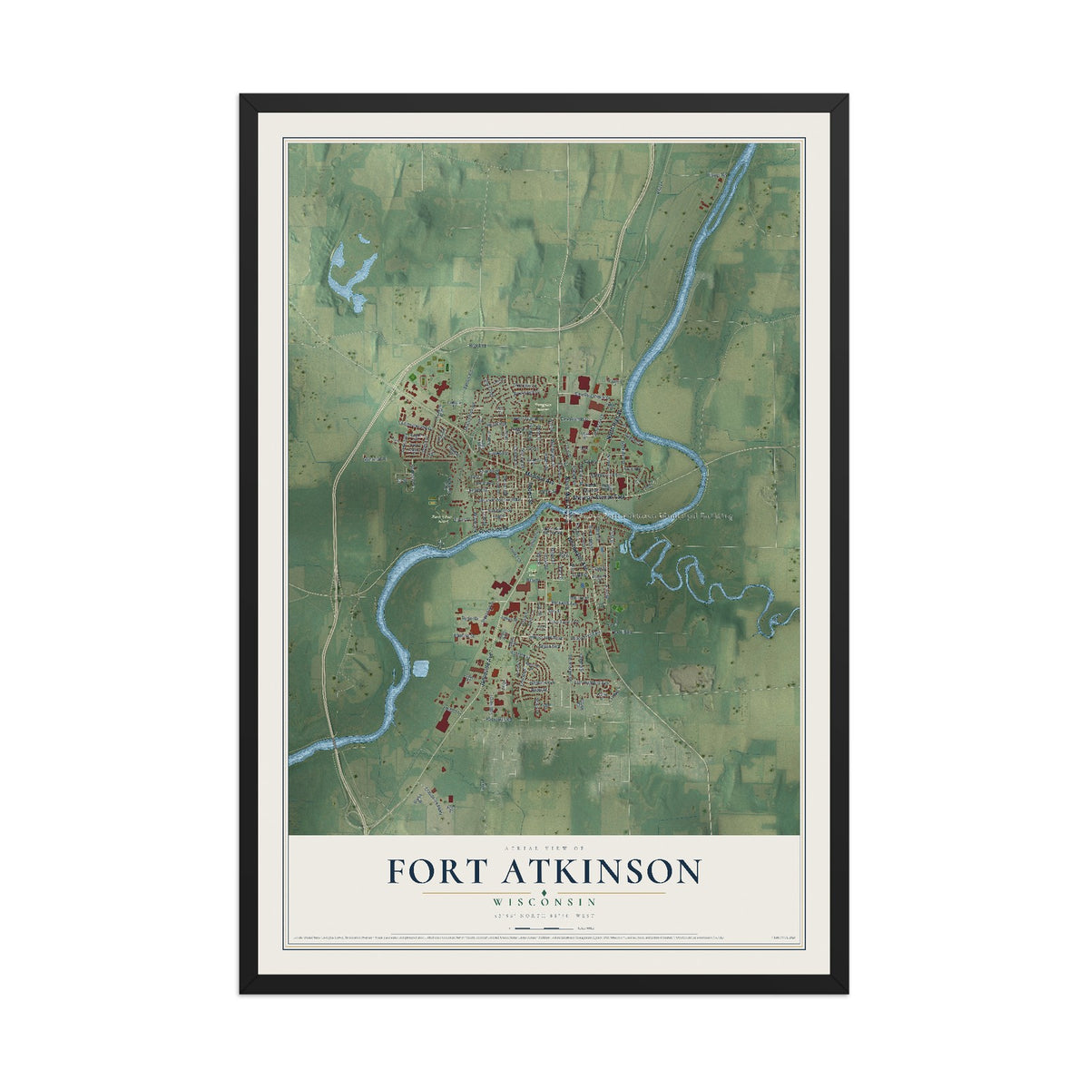 Map of Fort Atkinson, Wisconsin, 12 x 18 inch print in a black wood frame