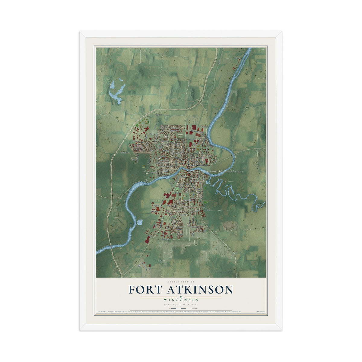 Map of Fort Atkinson, Wisconsin, 12 x 18 inch print in a white wood frame