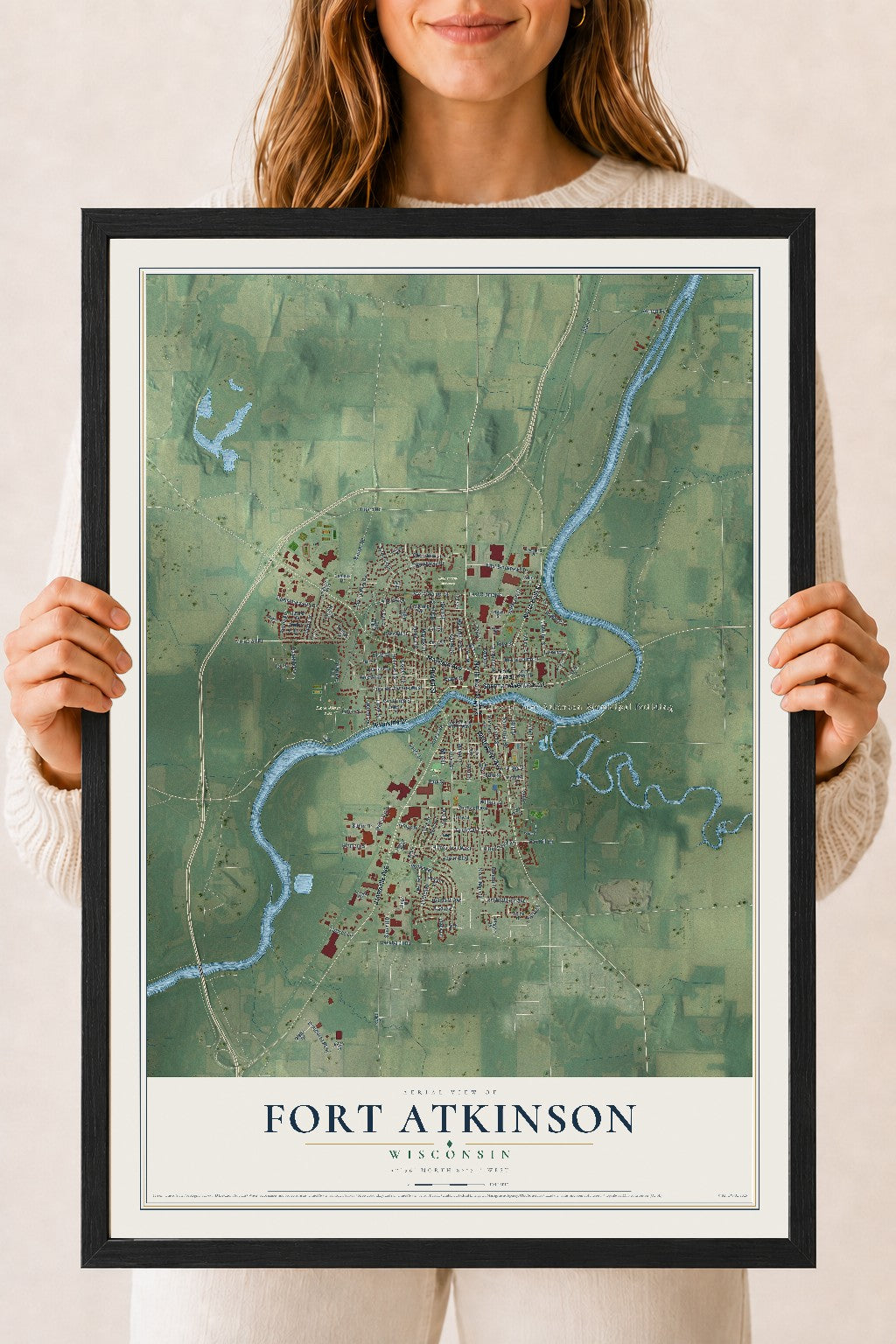 Map of Fort Atkinson, Wisconsin, 18 x 24 inch print in a black wood frame