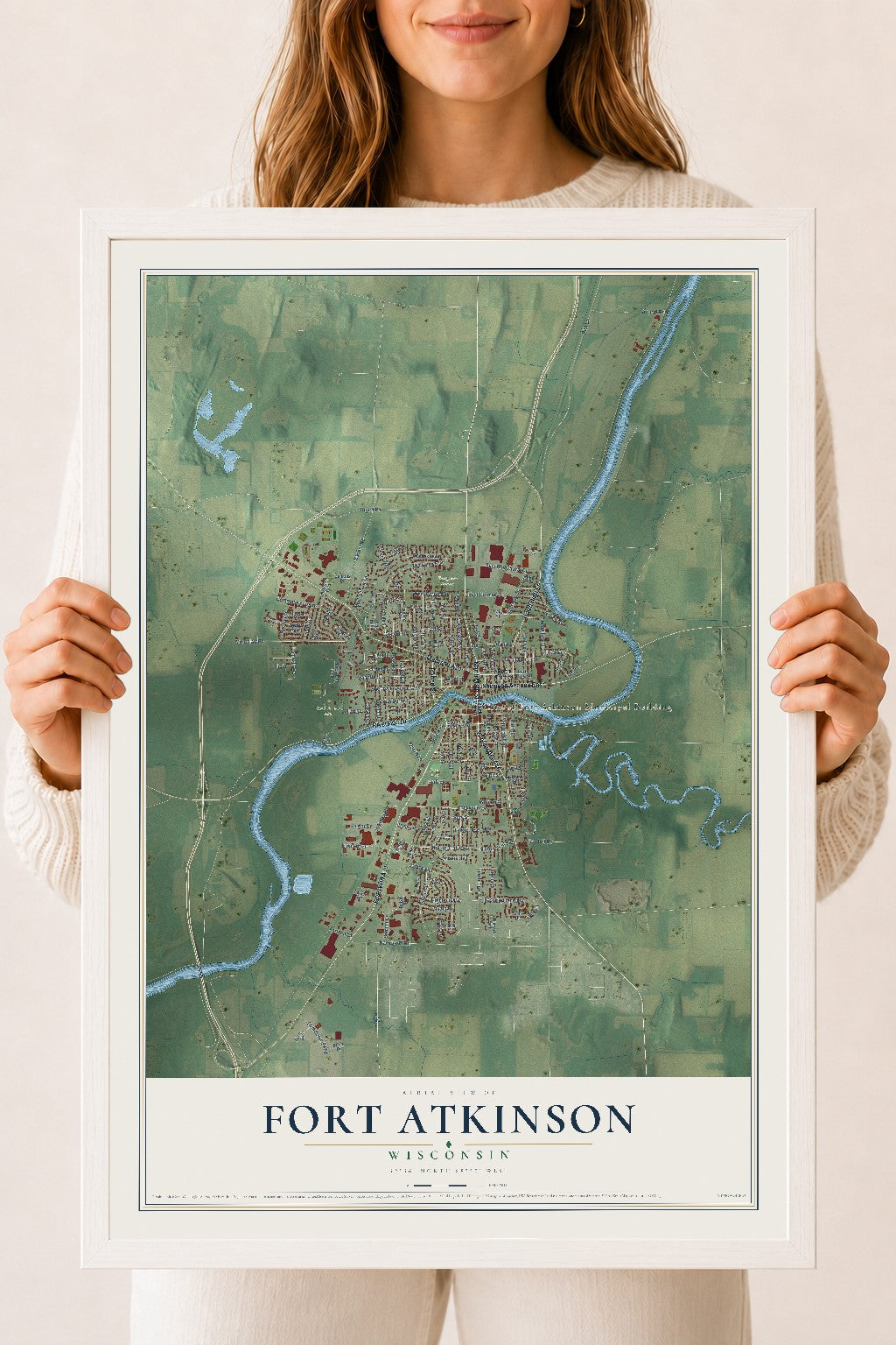 Map of Fort Atkinson, Wisconsin, 18 x 24 inch print in a white wood frame