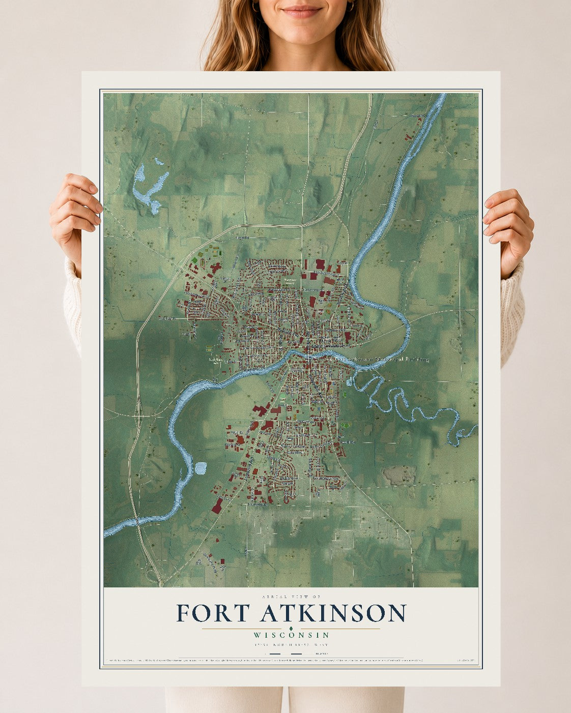 Map of Fort Atkinson, Wisconsin, 24 x 36 inch unframed archival matte print