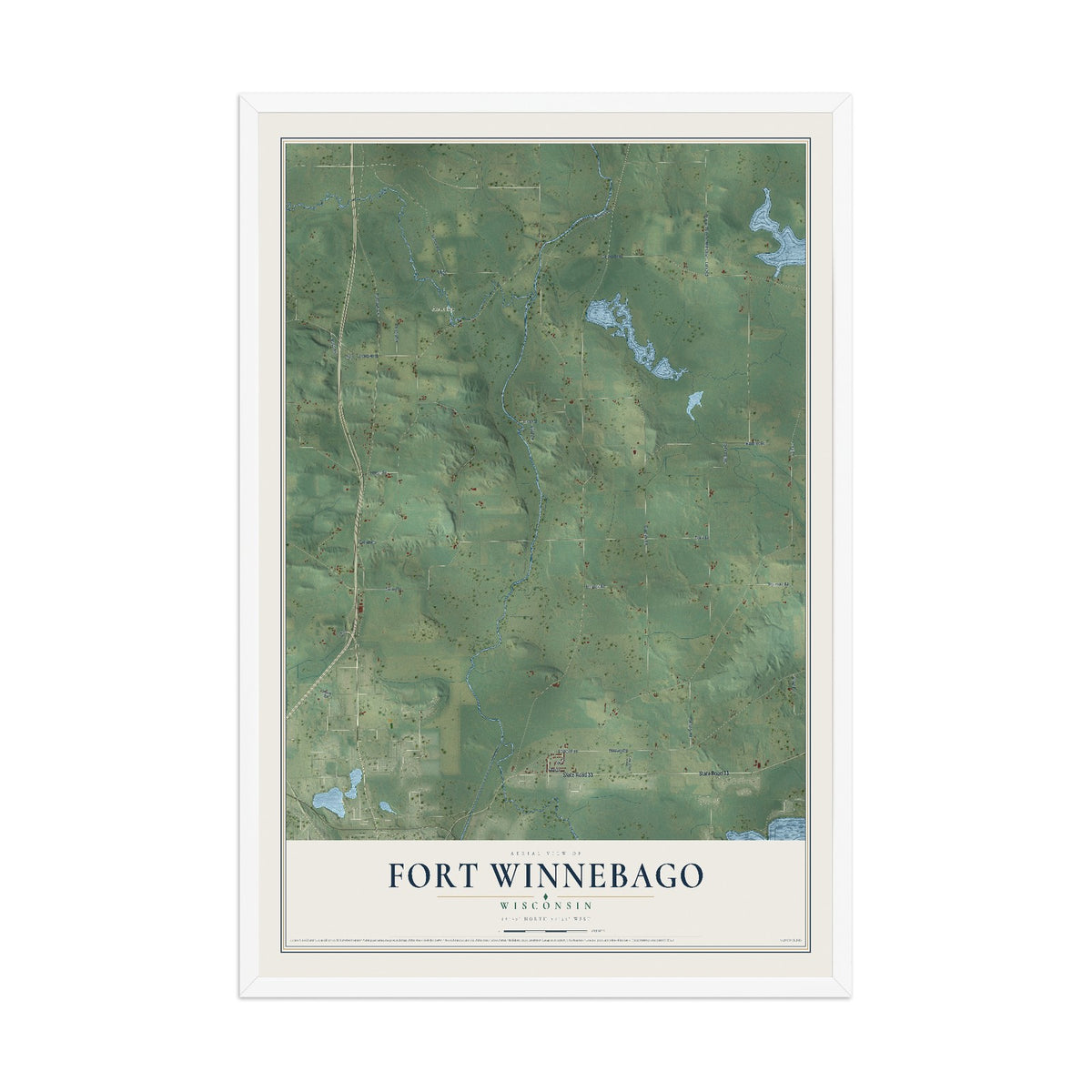Map of Fort Winnebago, Wisconsin, 12 x 18 inch print in a white wood frame