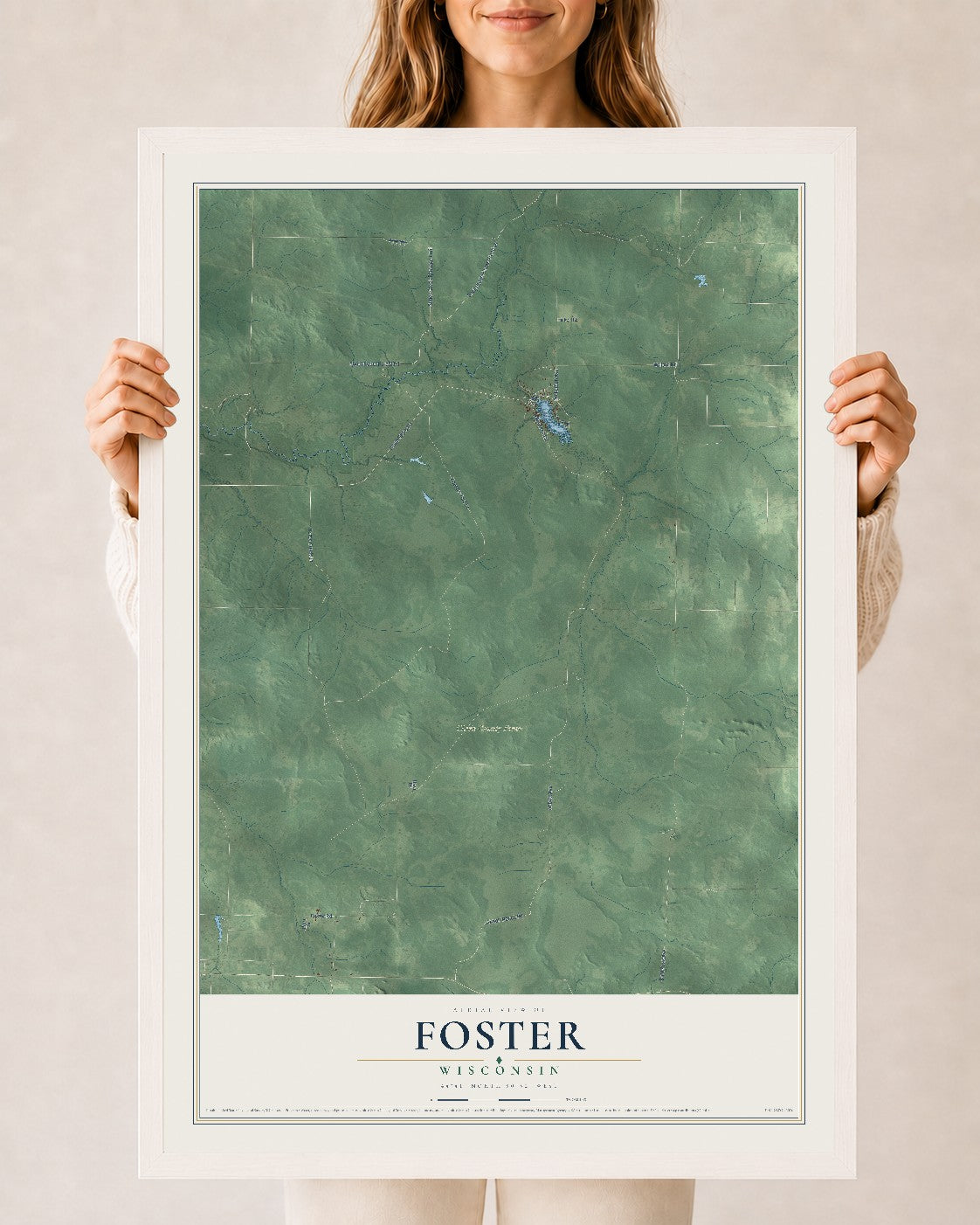 Map of Foster, Wisconsin, 24 x 36 inch print in a white wood frame
