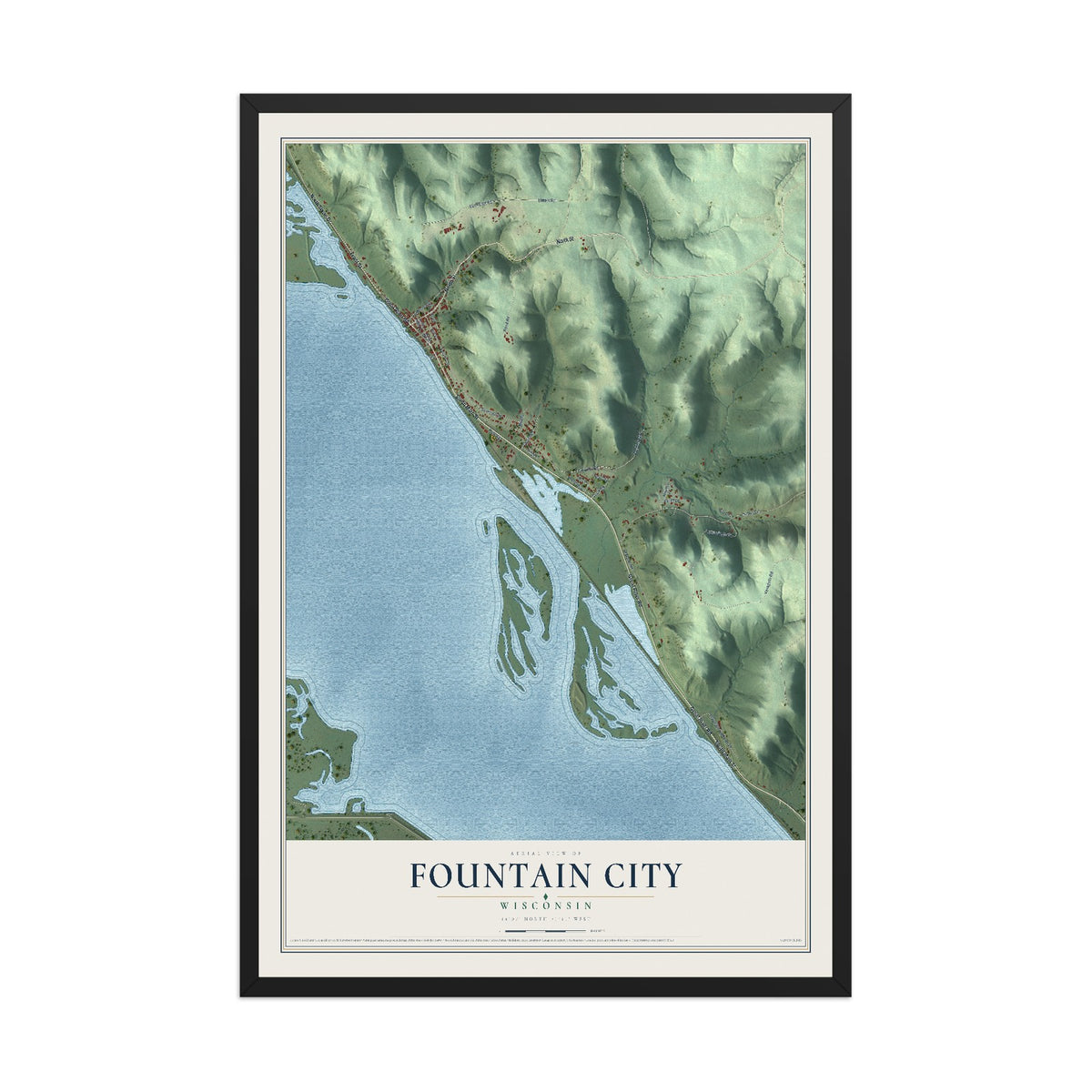 Map of Fountain City, Wisconsin, 12 x 18 inch print in a black wood frame