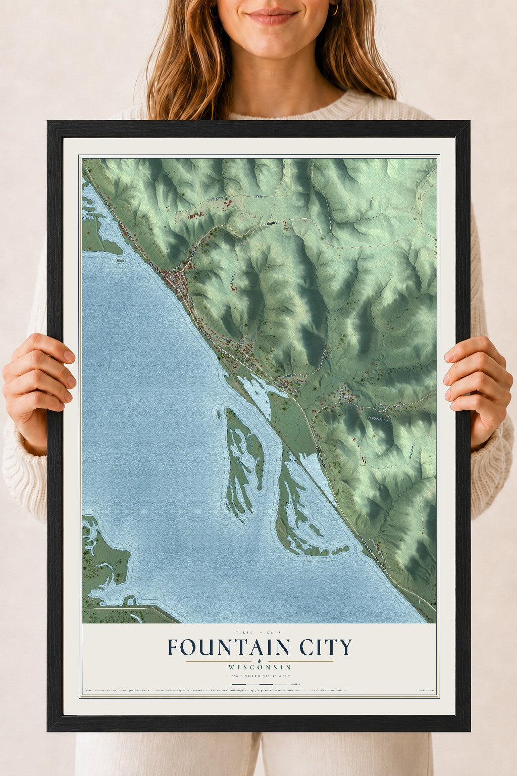 Map of Fountain City, Wisconsin, 18 x 24 inch print in a black wood frame