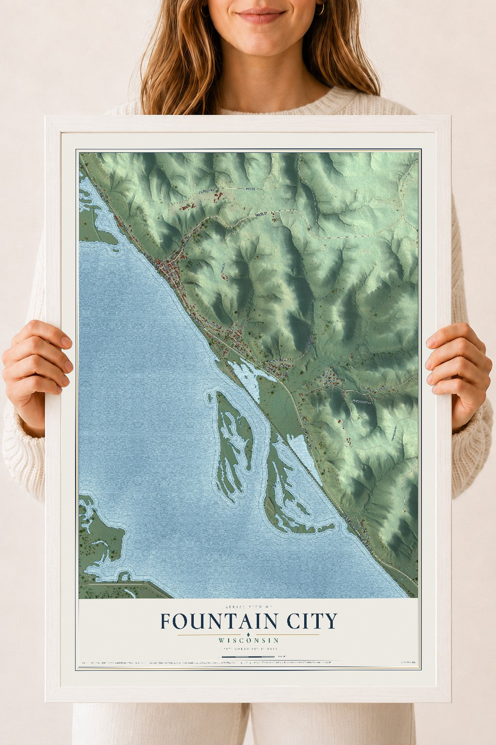 Map of Fountain City, Wisconsin, 18 x 24 inch print in a white wood frame