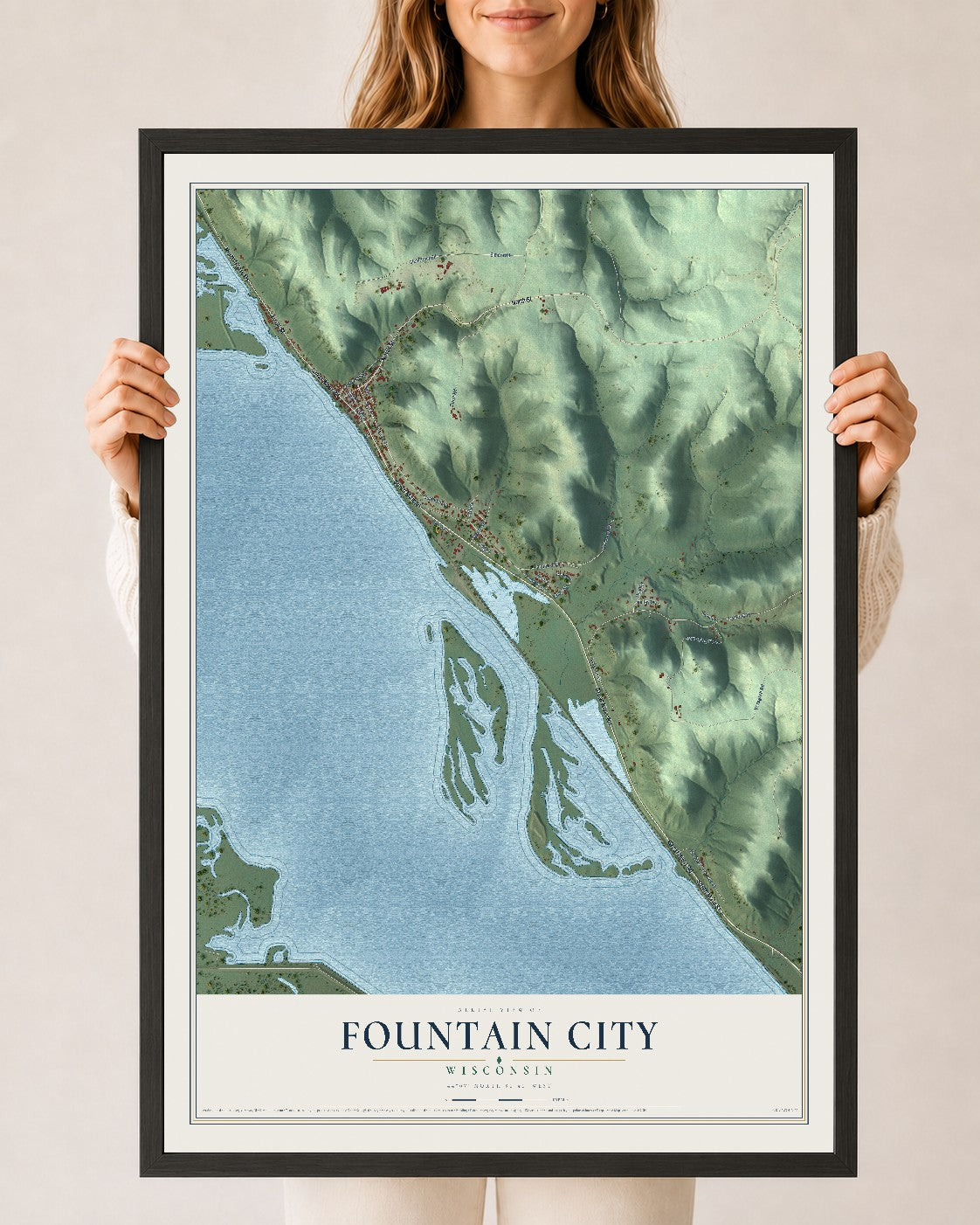 Map of Fountain City, Wisconsin, 24 x 36 inch print in a black wood frame