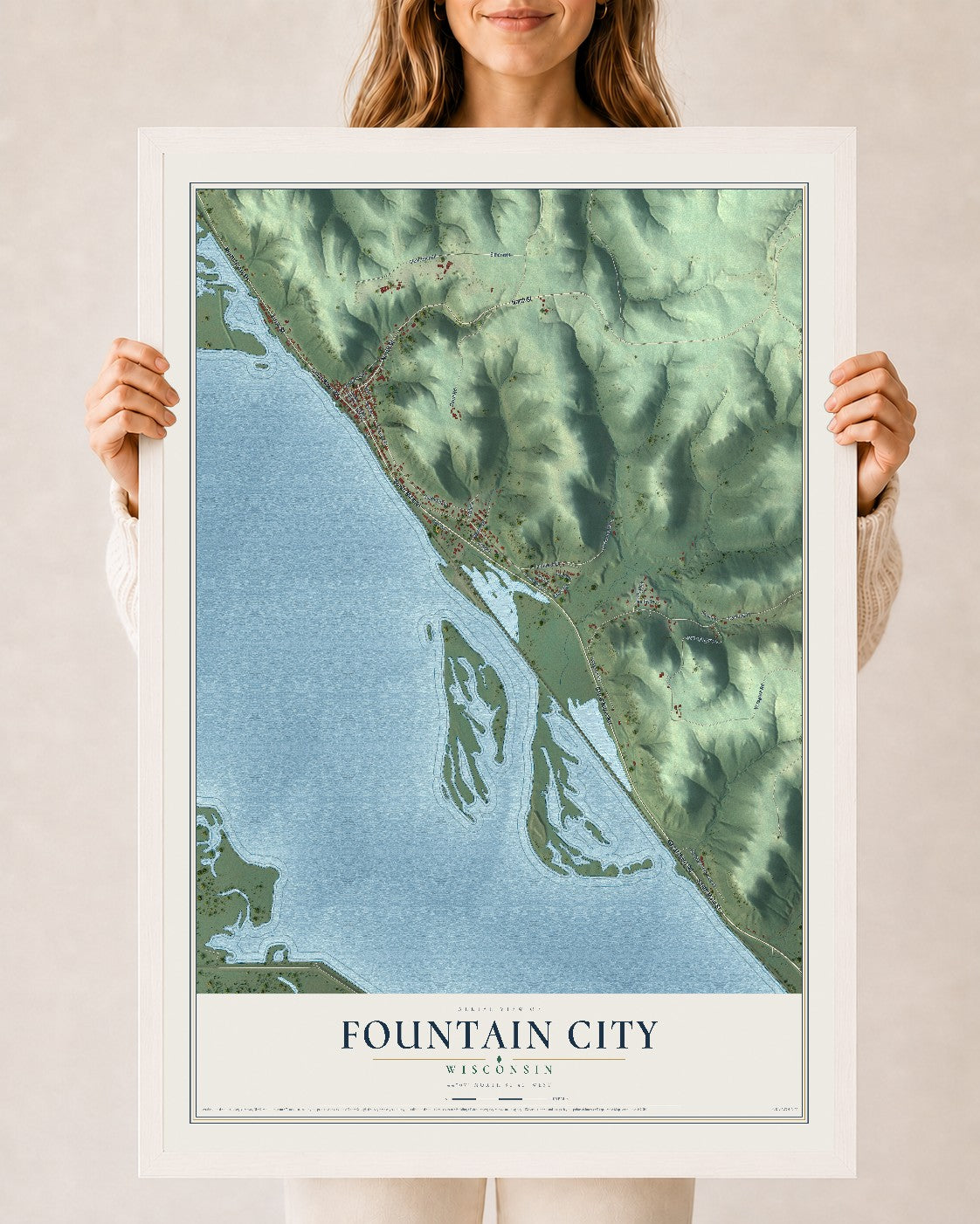 Map of Fountain City, Wisconsin, 24 x 36 inch print in a white wood frame
