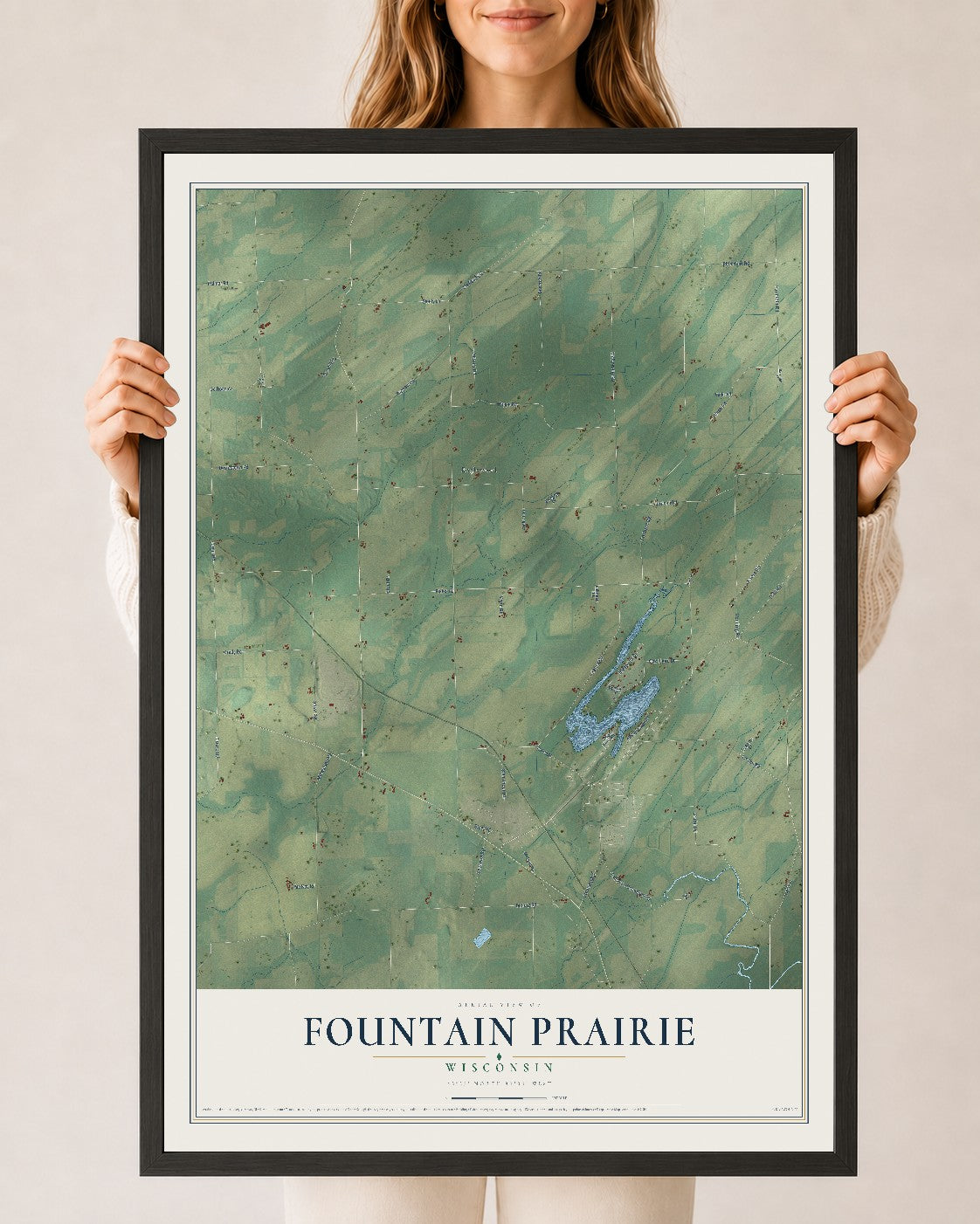 Map of Fountain Prairie, Wisconsin, 24 x 36 inch print in a black wood frame