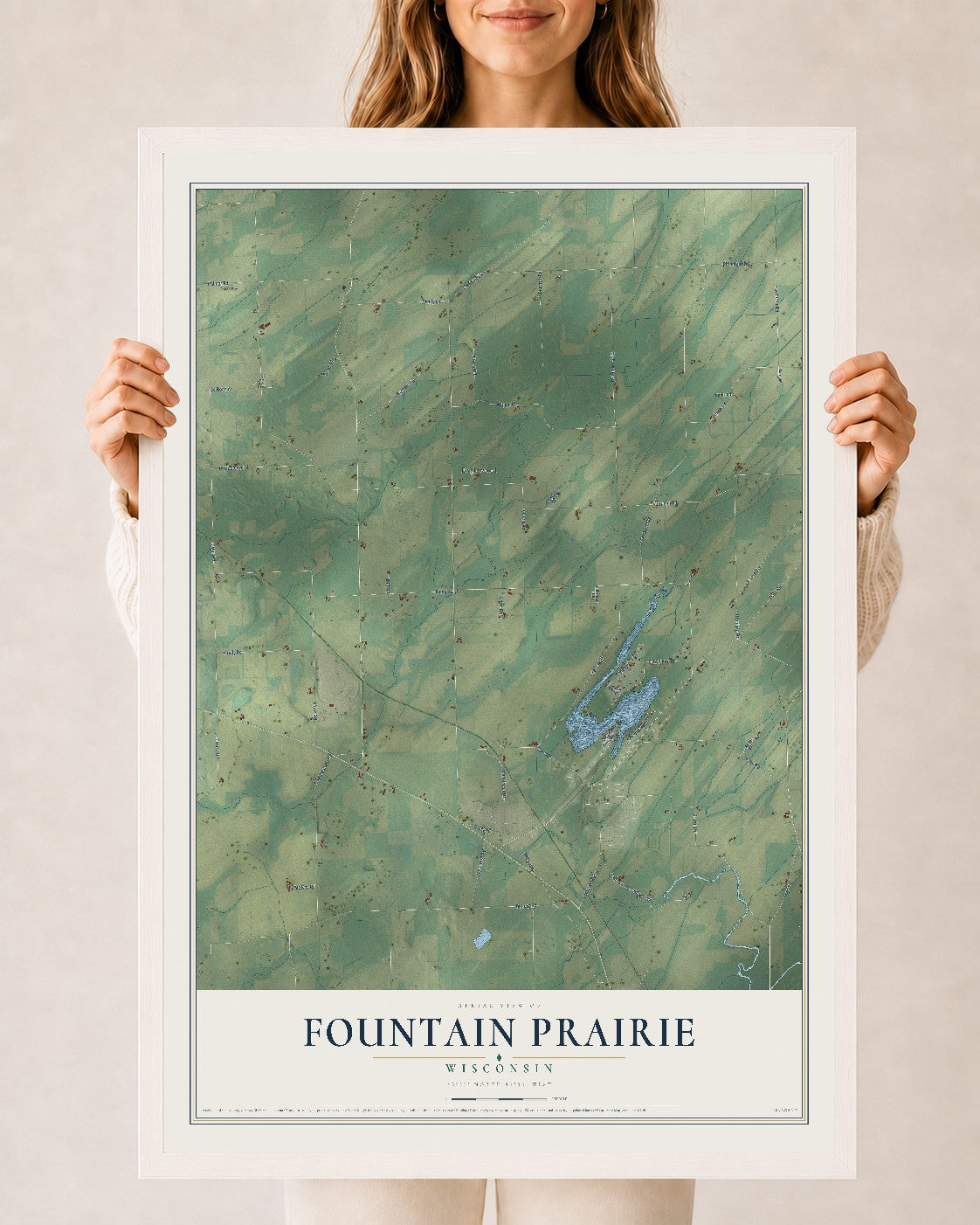 Map of Fountain Prairie, Wisconsin, 24 x 36 inch print in a white wood frame