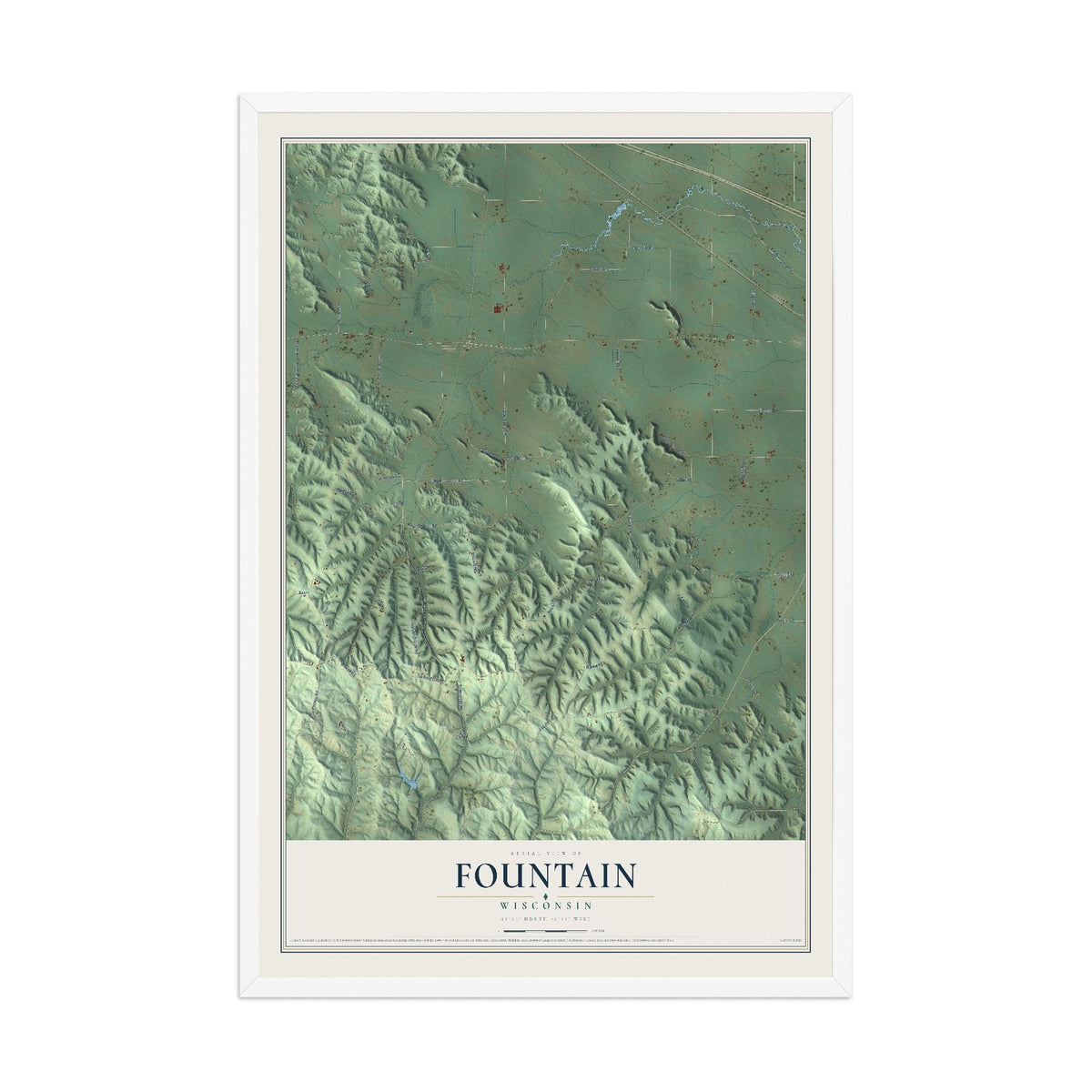 Map of Fountain, Wisconsin, 12 x 18 inch print in a white wood frame