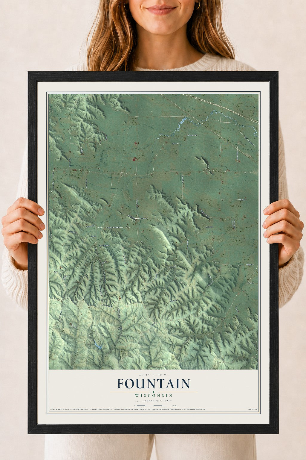 Map of Fountain, Wisconsin, 18 x 24 inch print in a black wood frame
