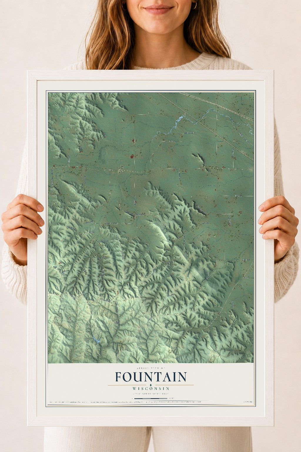 Map of Fountain, Wisconsin, 18 x 24 inch print in a white wood frame