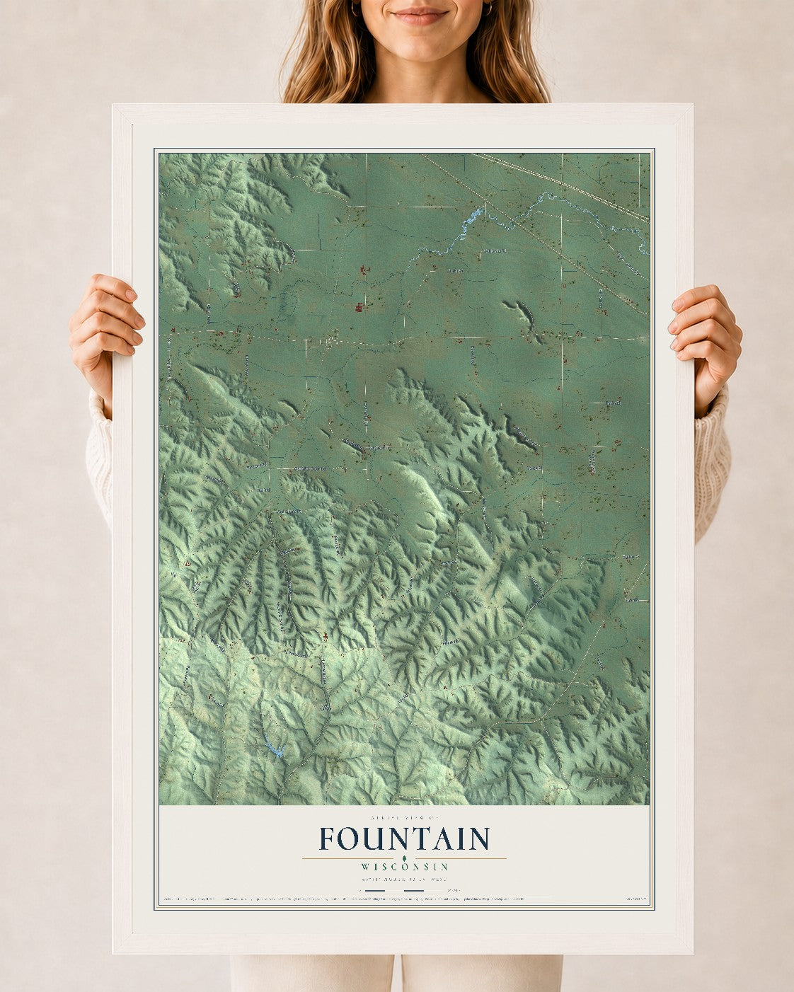 Map of Fountain, Wisconsin, 24 x 36 inch print in a white wood frame