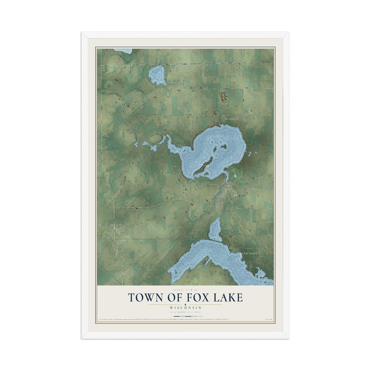 Map of the Town of Fox Lake, Wisconsin, 12 x 18 inch print in a white wood frame