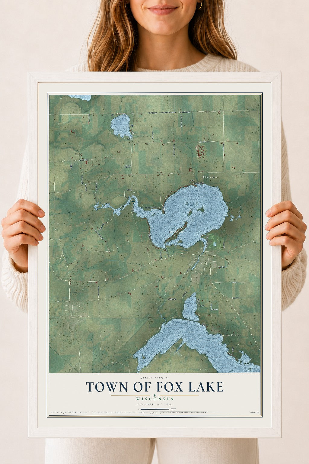 Map of the Town of Fox Lake, Wisconsin, 18 x 24 inch print in a white wood frame