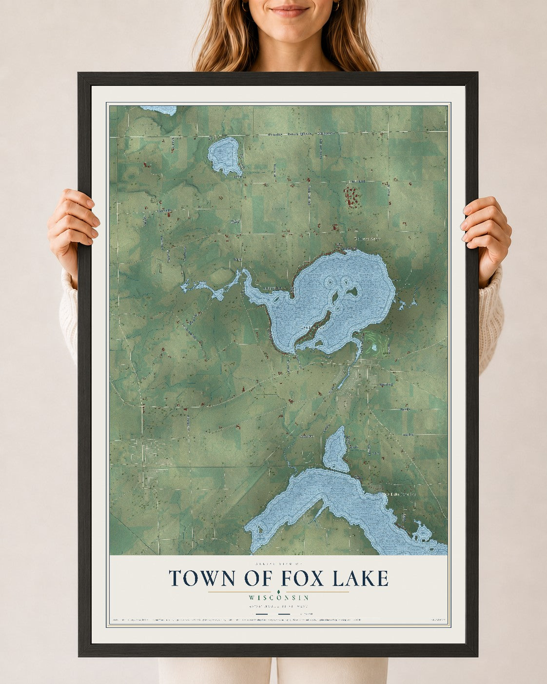 Map of the Town of Fox Lake, Wisconsin, 24 x 36 inch print in a black wood frame