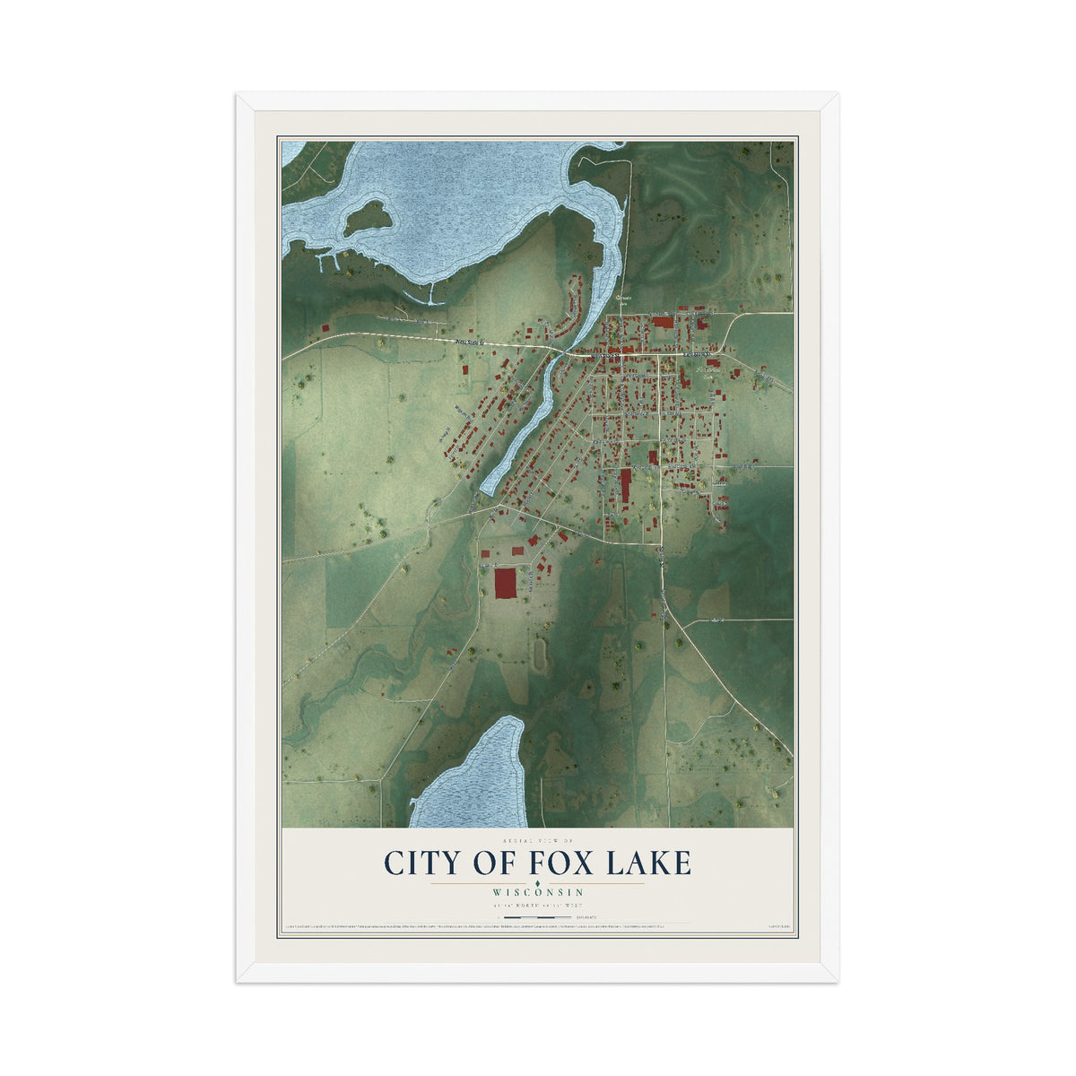 Map of Fox Lake, Wisconsin, 12 x 18 inch print in a white wood frame