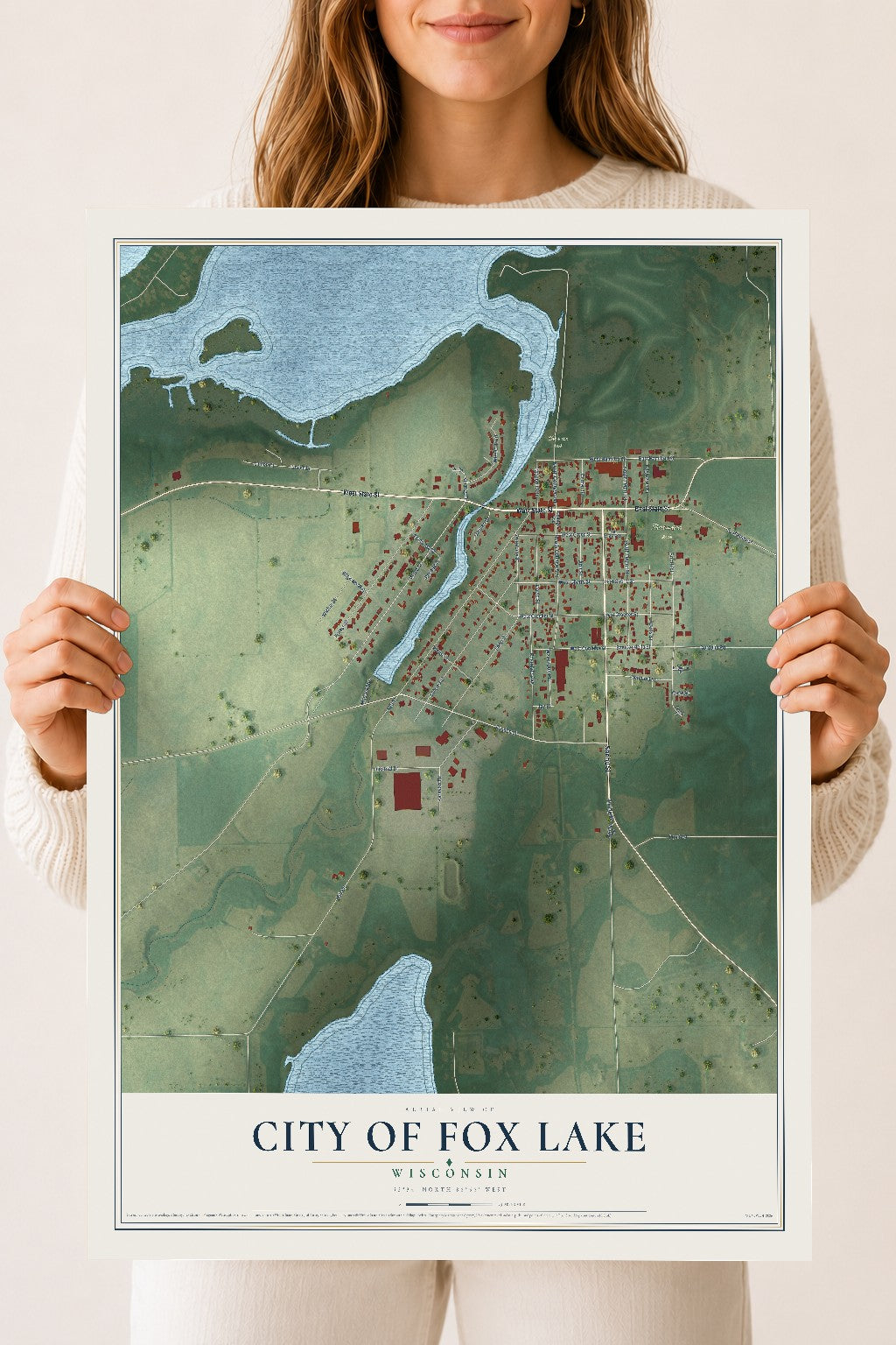 Map of Fox Lake, Wisconsin, 18 x 24 inch unframed archival matte print
