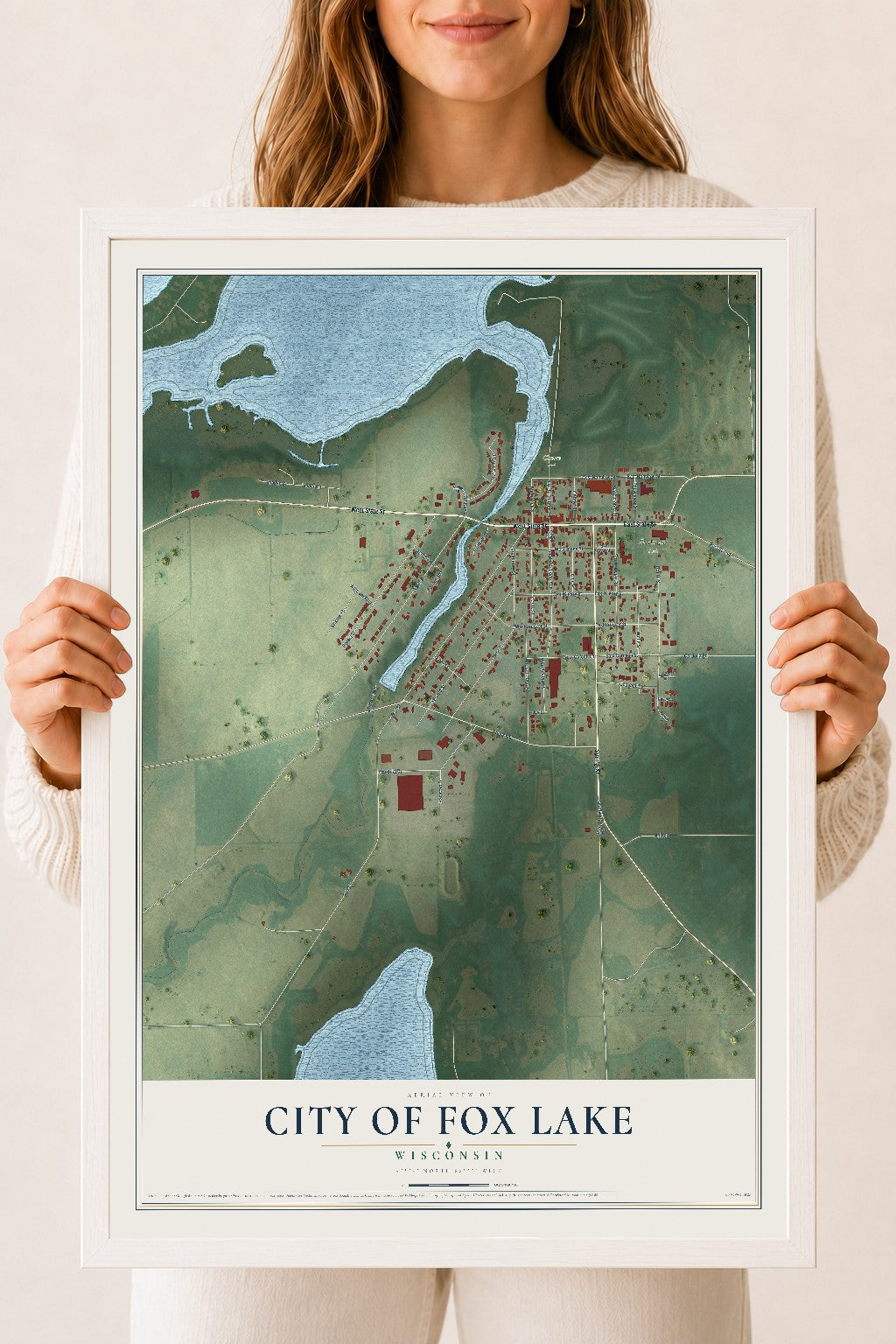 Map of Fox Lake, Wisconsin, 18 x 24 inch print in a white wood frame