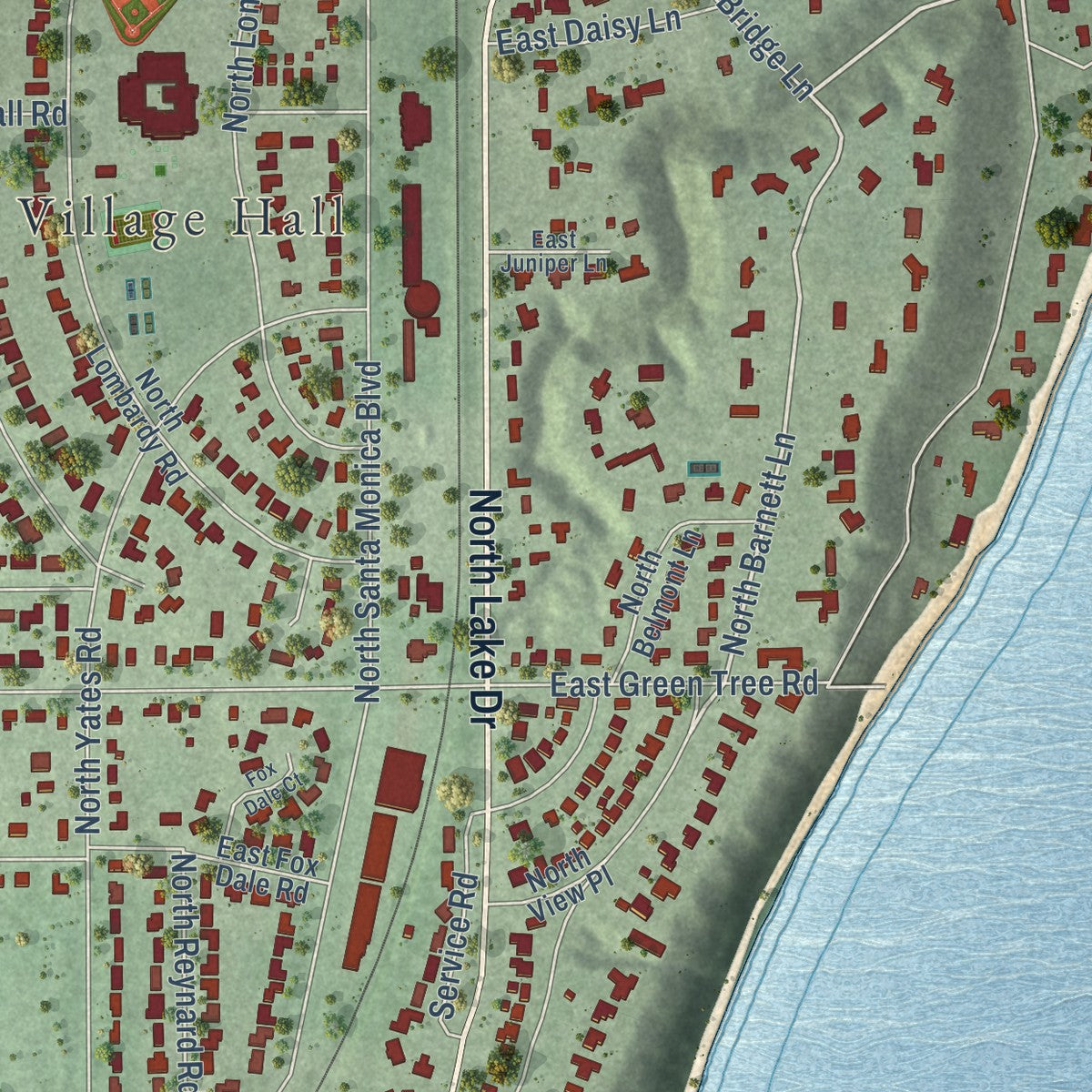 Second close-up of the map of Fox Point, Wisconsin print showing more streets and buildings