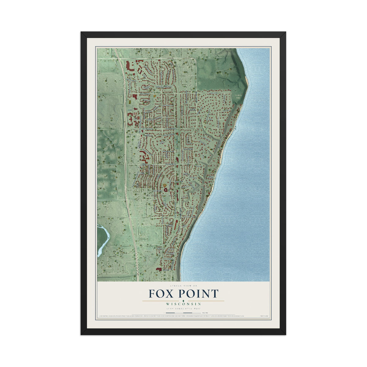 Map of Fox Point, Wisconsin, 12 x 18 inch print in a black wood frame