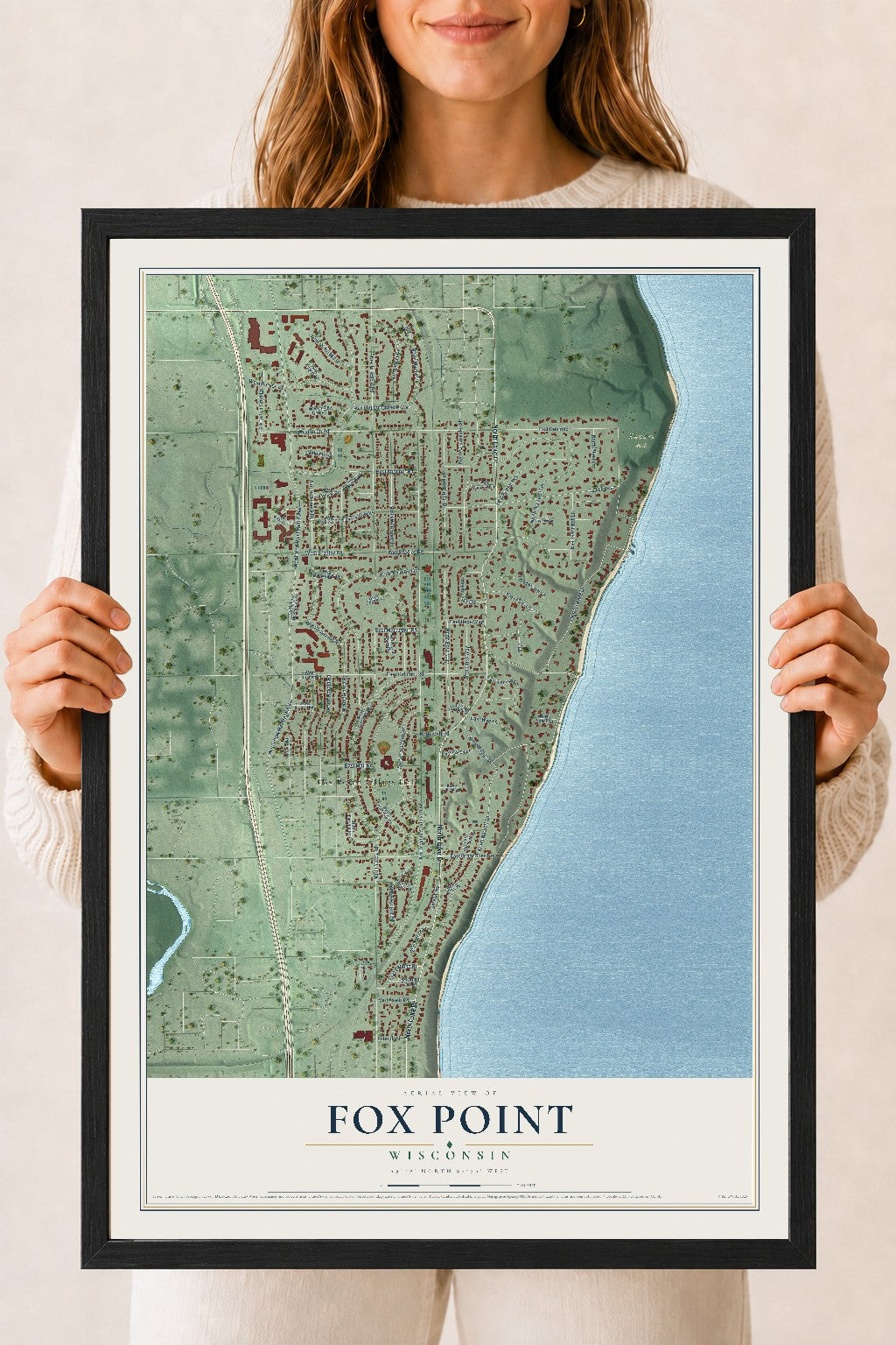 Map of Fox Point, Wisconsin, 18 x 24 inch print in a black wood frame